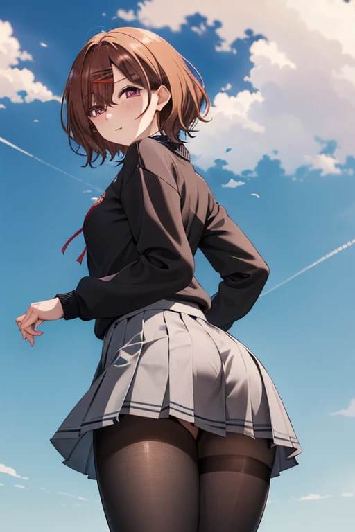 best quality, highres, 1girl, higuchi madoka, pantyhose, skirt, brown hair, mole under eye, mole, hair ornament, hairclip, pleated skirt, short hair,, long sleeves, bangs, sweater, miniskirt, black sweater, black pantyhose, looking back:1.2, bent over to ground:1.4, ass:1.2, show panties:1.2, sky from below:1.4, grey skirt, collared shirt, purple eyes, cowboy shot,