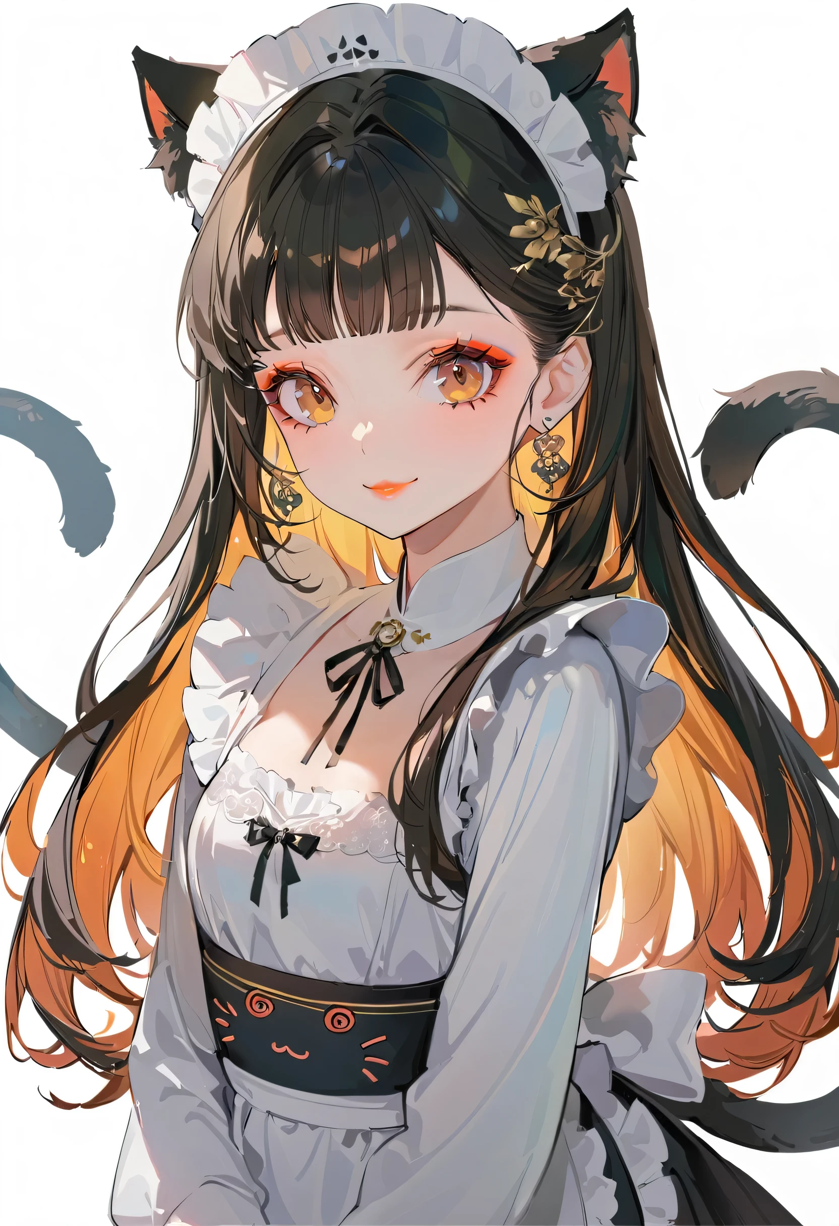 (neko maid:1.2),(best quality,ultra-detailed,highres:1.2),beautiful girl with flawless face,very_long eyelashes, detailed lips, radiant smile, soft skin, glossy hair,vibrant background, natural lighting,The cutest girl in the world,Exquisite makeup,Double tail