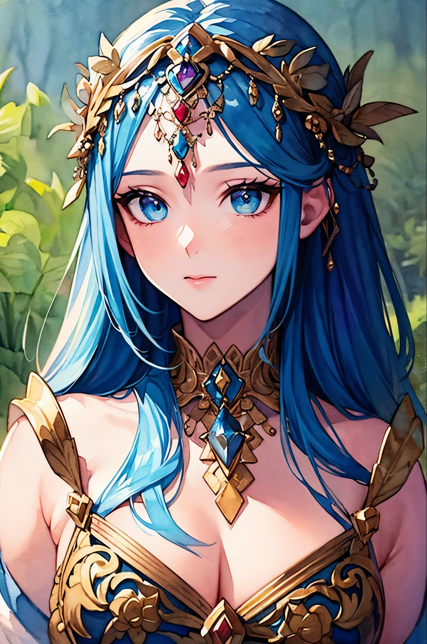 (highest quality),(masterpiece:1.2), (colorful:0.9), (splashing ink),(Color splashes),((watercolor)), Crisp and sharp focus, Model shoot,, (Portrait of the Goddess of Spring:1.5), Cute expression,Elegant blue hair, Beautifully detailed face and eyes, Elegant goddess outfit, Spring forest background,, Color Water