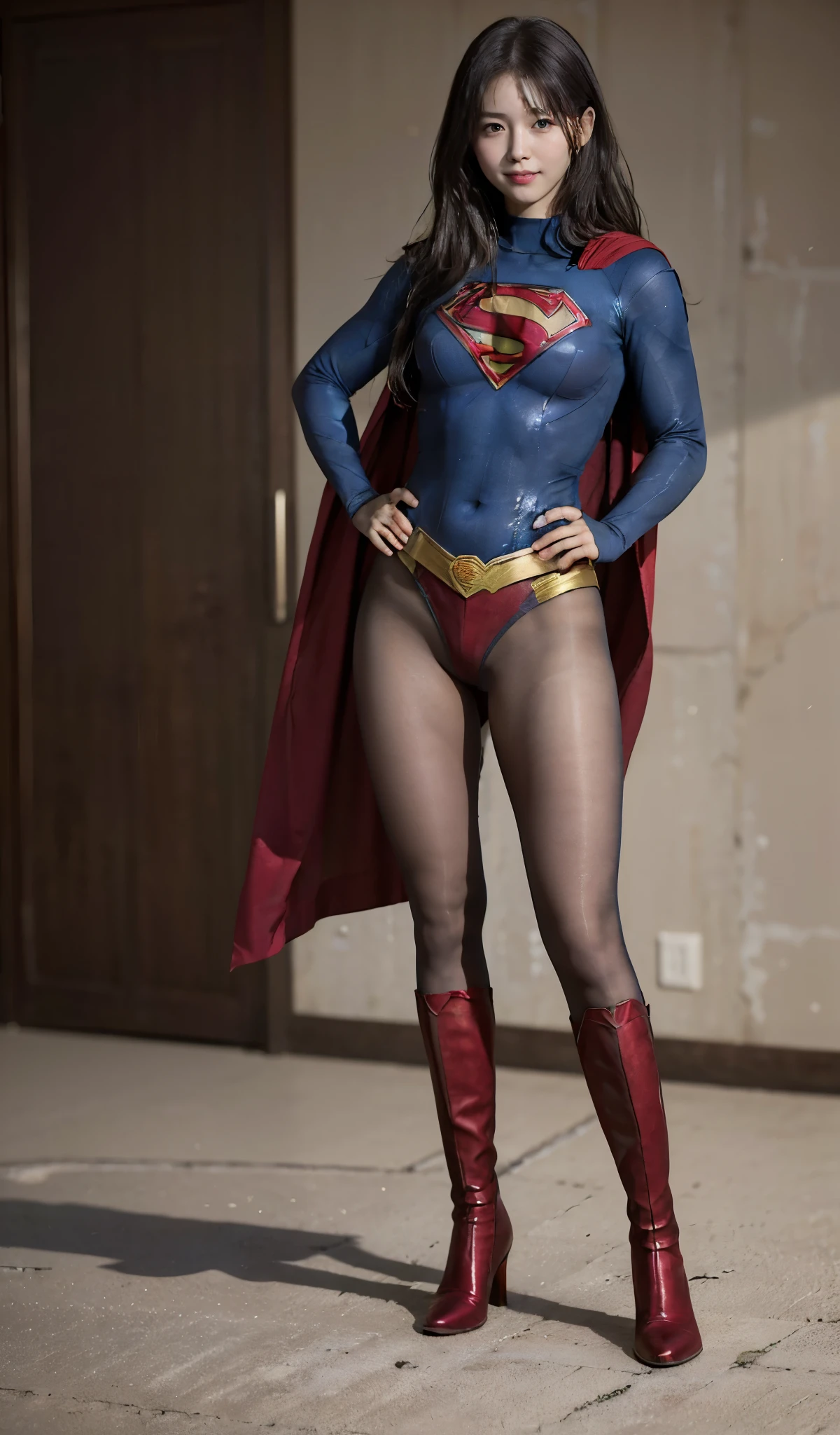 No background、(((Beautiful legs in black tights.)))、(((Legally express the beauty of your smile)))、((((Make the most of your original images)))、(((Body-fitting Supergirl costume)))、(((Supergirl Costume)))、(((Short beautiful hair)))、(((suffering)))、(((Please wear black tights....、Wear red boots)))、((Best image quality、8k))、((highest quality、8k、masterpiece:1.3))、(((Preserve background )))、Sharp focus:1.2、Beautiful woman with perfect figure:1.4、Slim Abs:1.2、Wet body:1.5、Highly detailed face and skin texture、8k