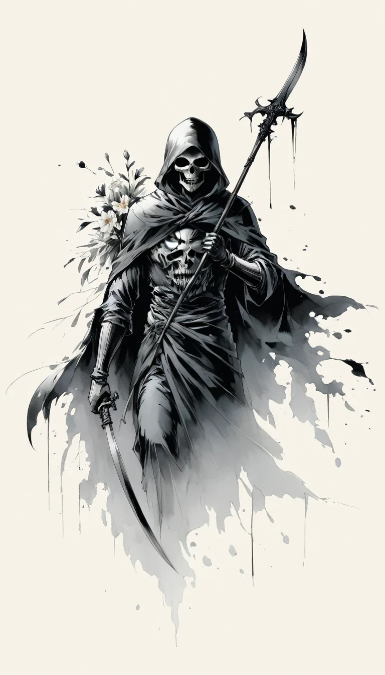 (Anime line drawing:1.5)，grim Reaper，(Black and White:1.45)，Minimalism，(Line Art:1.6)，sketch，charcoal drawing，Black Grim Reaper，flower，Ominous Red，Blood splatter