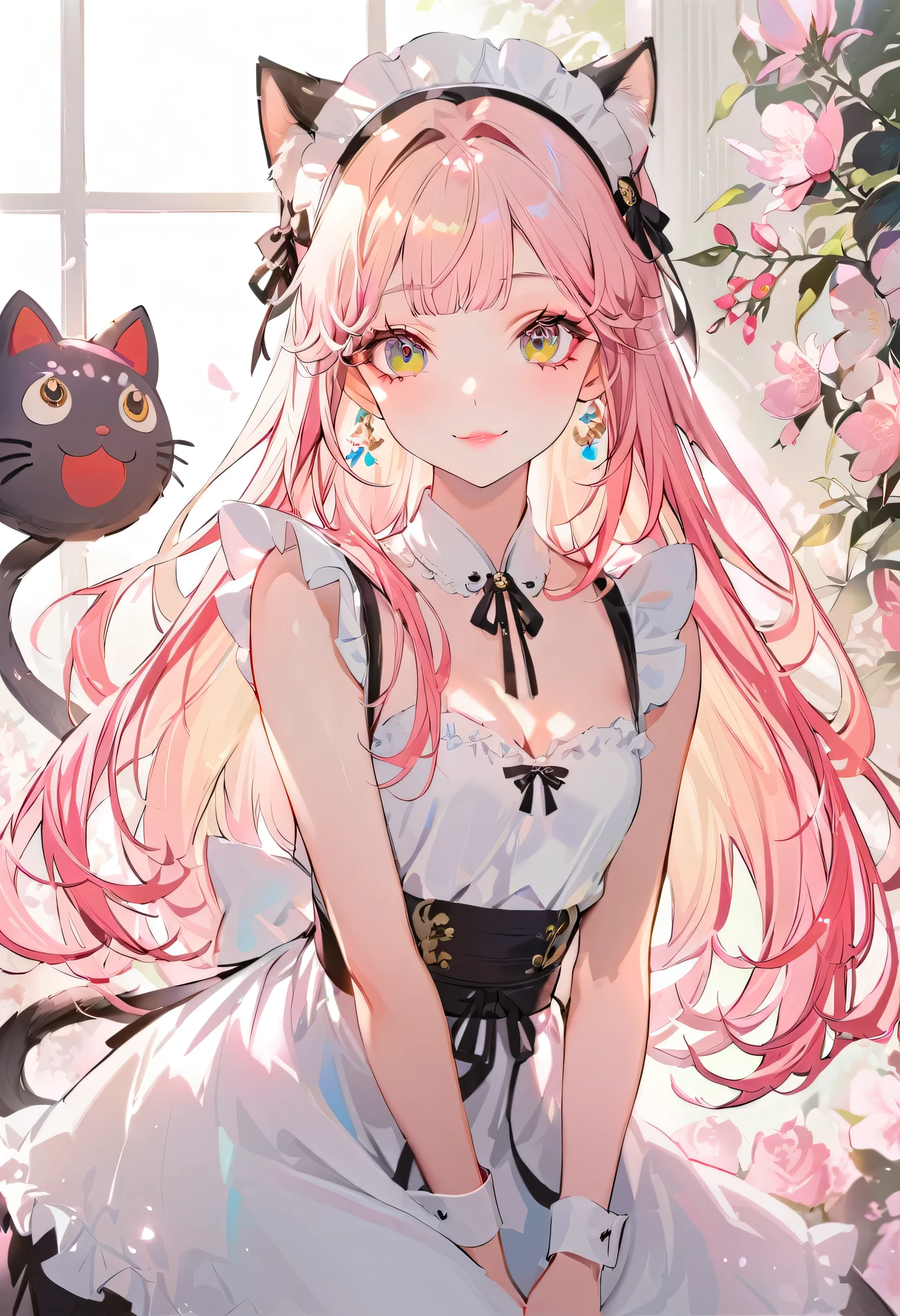 (neko maid:1.2),(best quality,ultra-detailed,highres:1.2),beautiful girl with flawless face,very_long eyelashes, detailed lips, radiant smile, soft skin, glossy hair,vibrant background, natural lighting,The cutest girl in the world,Exquisite makeup,Double tail