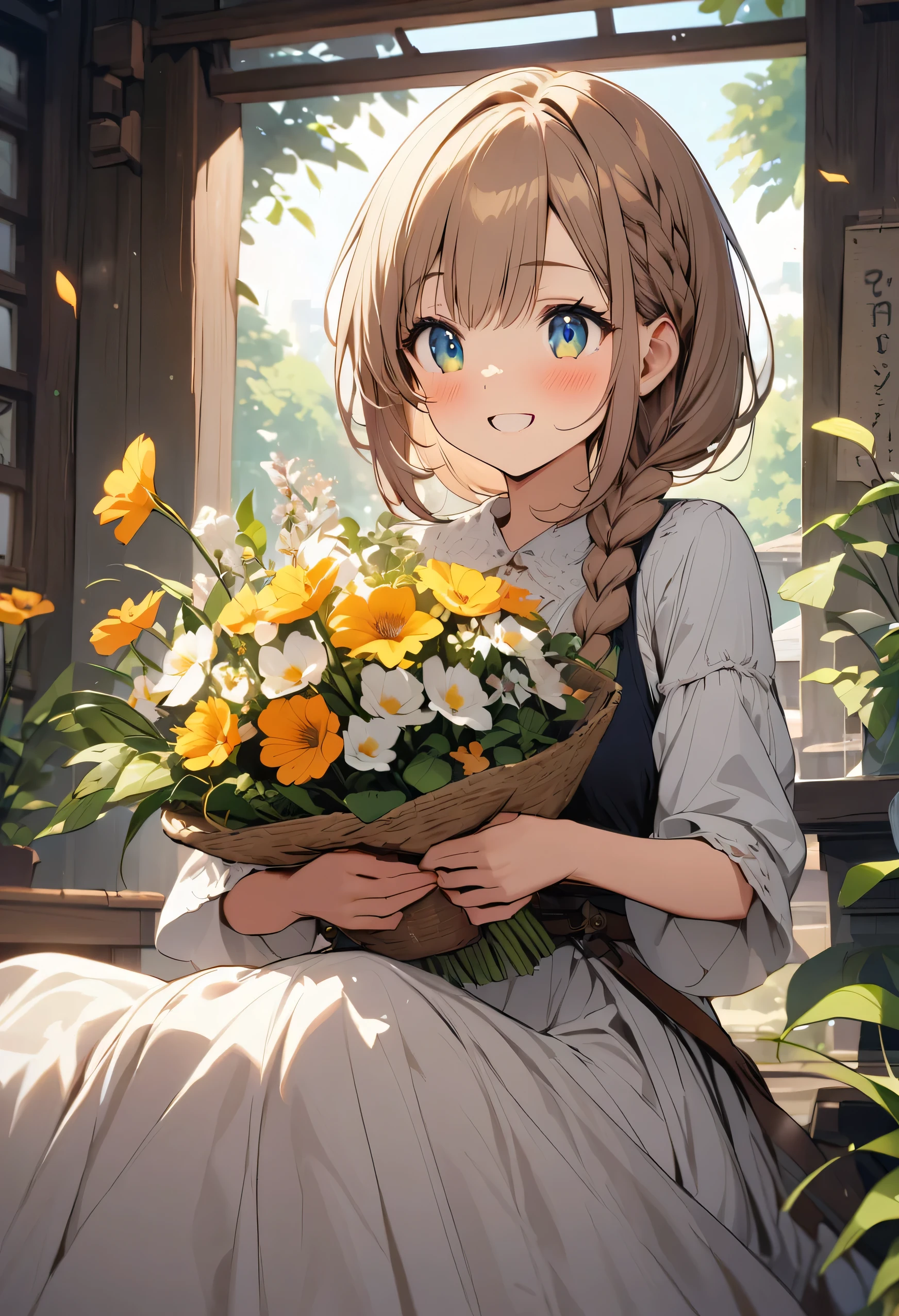 highest quality、High resolution、Detailed Background、Beautiful face in every detail、Anatomically correct、Detailed facial expressions、Detailed eyes、Detailed eyes、Beautiful, smooth skin、Teenage beauty、Highly detailed face、cute hair color、Braided Ponytail、Braided bob cut、cute hairstyle、well-groomed eyebrows、Cute gestures、Fits in one screen、

(Three beautiful girls having fun together with big smiles:1.5)、

At the Flower Camp you can pick your own flowers and enjoy them.、
Participants can explore the flower fields and gardens and pick their favorite flowers in areas permitted at the campground or flower fields.、
You can touch fresh flowers and enjoy their beauty and fragrance.、
Flower camps sometimes include flower arranging experiences.、
Participants can create their own original flower arrangements using flowers they picked themselves or the floral materials provided.、
Enjoy the fun of arranging flowers according to your own taste and sensibility.、cute