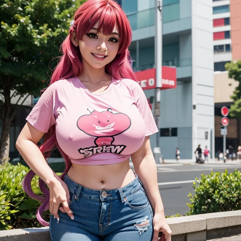 Sensual hermosa mujer cabello rosa coletas ((Ilulu-chan)) cuernos de dragon, cuerpo esbelto tetas grandes, camiseta negra muy ajustada casi transparente, short jeans, imagen 1.2 high resolution perfect detailed sensual smile 12k