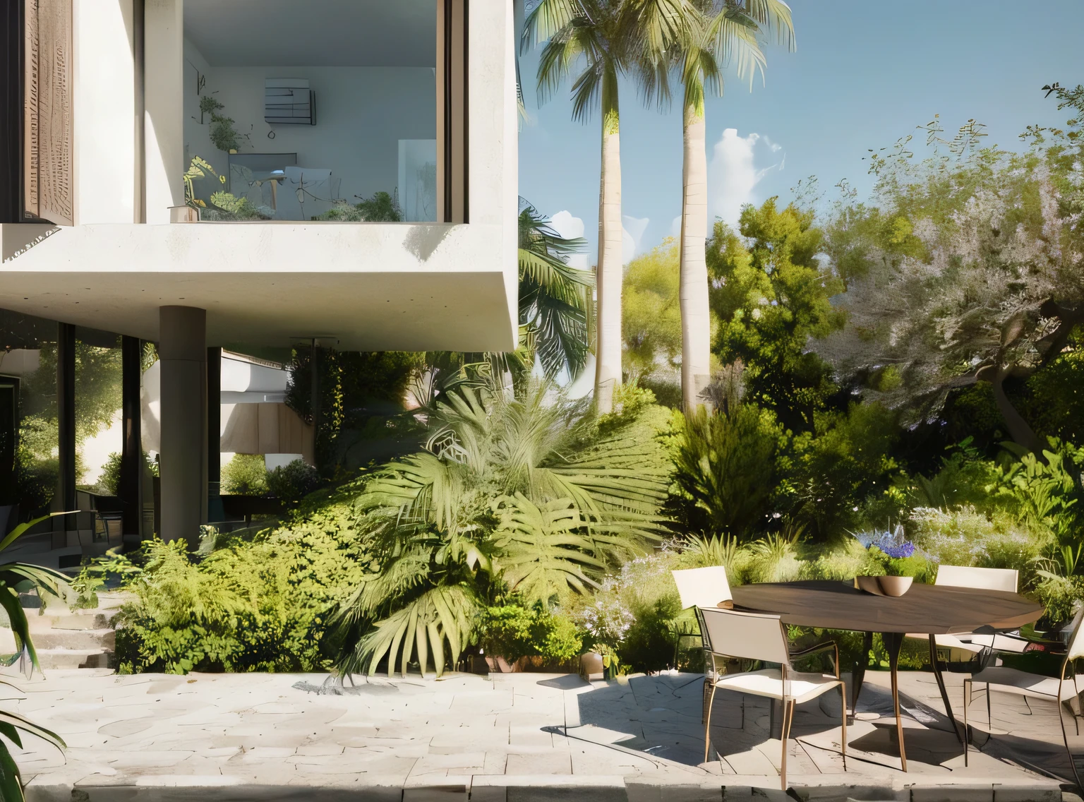 there is a table and chairs in the courtyard of a house, exuberante ambiente de jardim, a photorealistic rendering, award-winning rendering, ambiente exuberante, photorealistic rendering, architectural visualization, high quality rendering, realistic rendering, Hyper-realistic rendering, Hyper-realistic rendering, realistic rendering natural, hyperrealistic rendering, architectural rendering, high quality rendering, realistic physics rendering