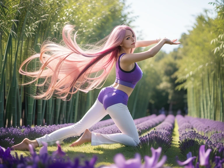 masterpiece, Best quality, Realistic,
1 fille, Yujiasuit, (Gilet de yoga blanc:1.2), seul, Pose,Scene details, cheveux roses, Baisse les yeux et souris,silhouette fine parfaite,((Pantalon de yoga moulant de couleur vive, Yeux violets, very long pink hair flying in the wind)), tout le corps,poitrine push-up,exterior bamboo and forest , pose emphasizing one's balance and beauty. ultra Realistic, texture de peau Realistic, 16k, longue jambe, mains parfaites, very detailed perfect eyes:1.6