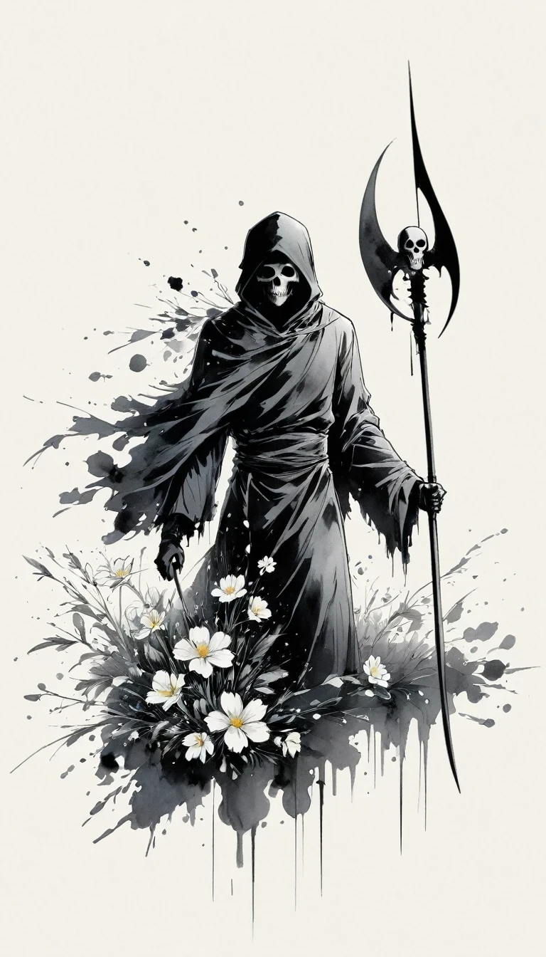 (Anime line drawing:1.5)，grim Reaper，(Black and White:1.45)，Minimalism，(Line Art:1.6)，sketch，charcoal drawing，Black Grim Reaper，flower，Ominous Red，Blood splatter