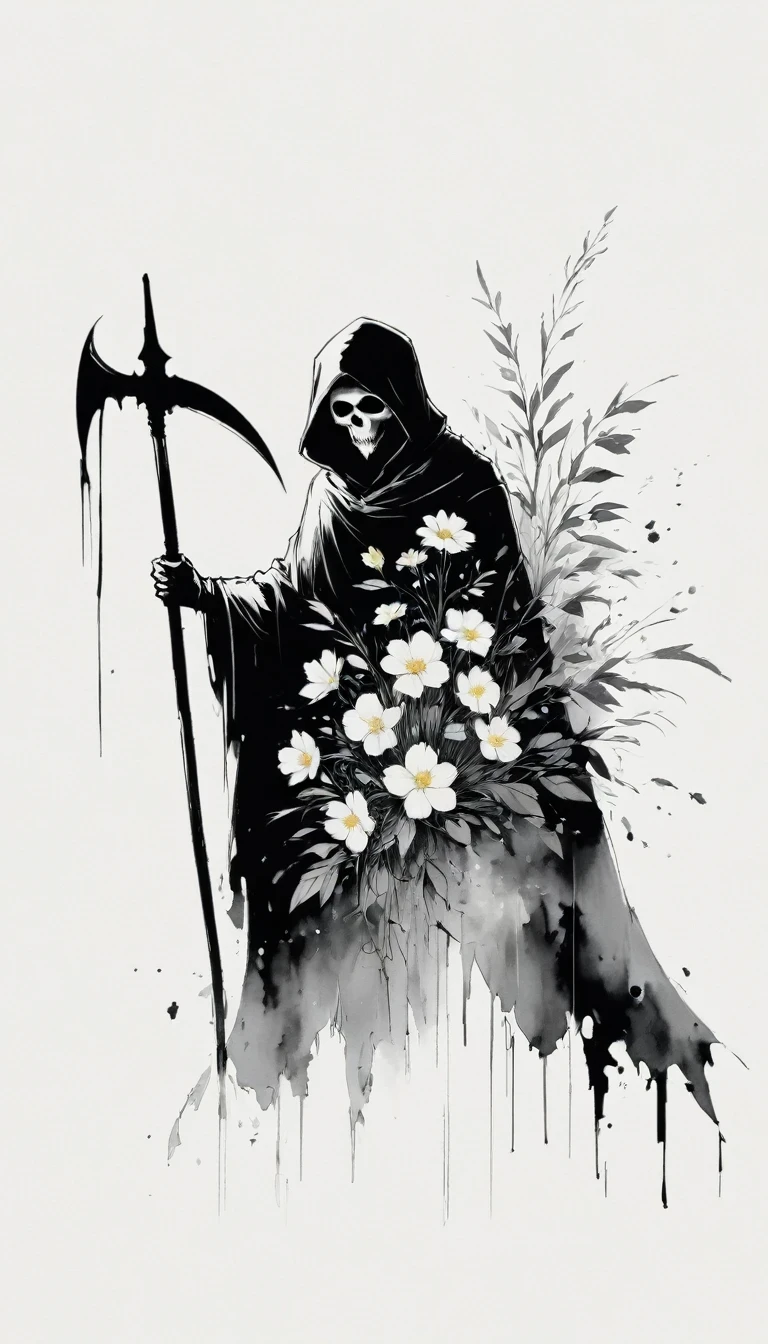 (Anime line drawing:1.5)，grim Reaper，(Black and White:1.45)，Minimalism，(Line Art:1.6)，sketch，charcoal drawing，Black Grim Reaper，flower，Ominous Red，Blood splatter