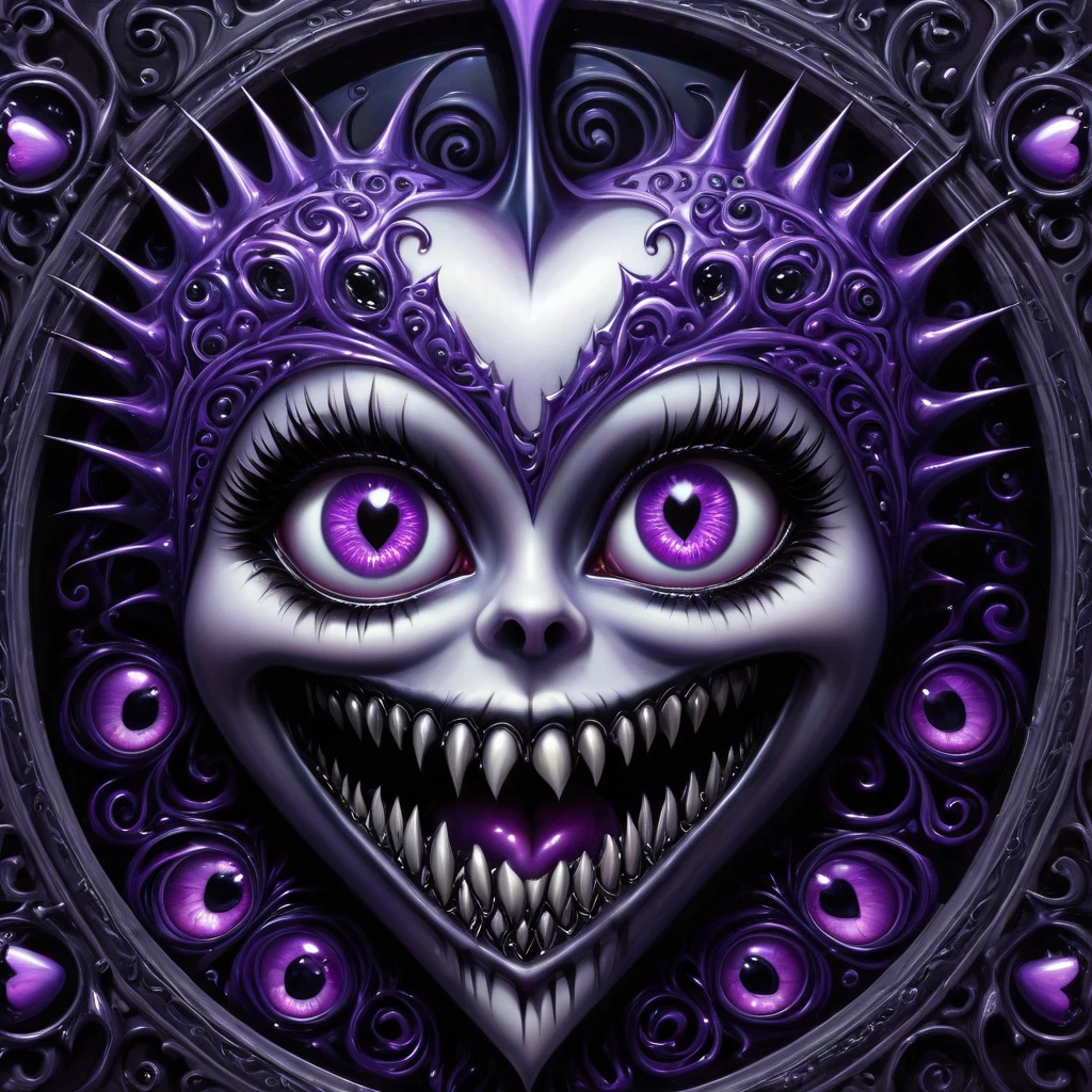 Gothic punk style , grandeur. abstract pattern on obsidian glass in which hearts eyes eyes fangs and smiles are subconsciously guessed , depth perception , perspective distortion , references to Rob Gonsalves and Roby Dwi Antono , masterpiece , octane rendering , Black Grim , purple highlights. overdetailization