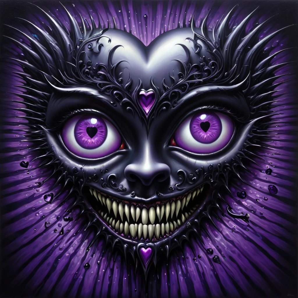 Gothic punk style , grandeur. abstract pattern on obsidian glass in which hearts eyes eyes fangs and smiles are subconsciously guessed , depth perception , perspective distortion , references to Rob Gonsalves and Roby Dwi Antono , masterpiece , octane rendering , Black Grim , purple highlights. overdetailization