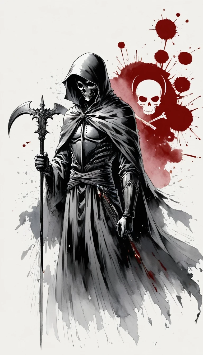 (Anime line drawing:1.5)，grim Reaper，(Black and White:1.45)，Minimalism，(Line Art:1.6)，sketch，charcoal drawing，Black Grim Reaper，flower，Ominous Red，Blood splatter