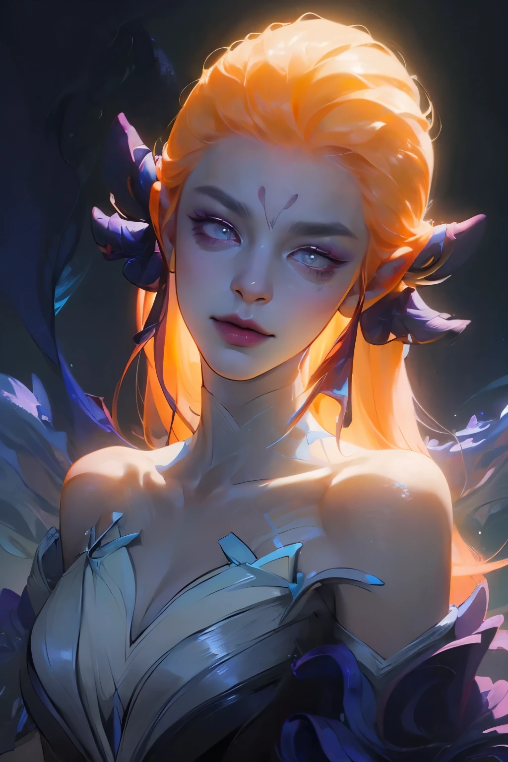 (((masterpiece))), (((best quality: 1.4))), ((Super Detail: 1.4)) , An extremely detailed gouache painting of a female tiefling, Gorgeous exotic style, Amber neon eyes:1.5, Orange Hair, Extremely detailed facial features, Expressive face, Detailed texture, Blue skin tone, Tattoo, Natural Skin Shader, Volumetric method, Warm undertones in the skin, Ultra-high resolution
