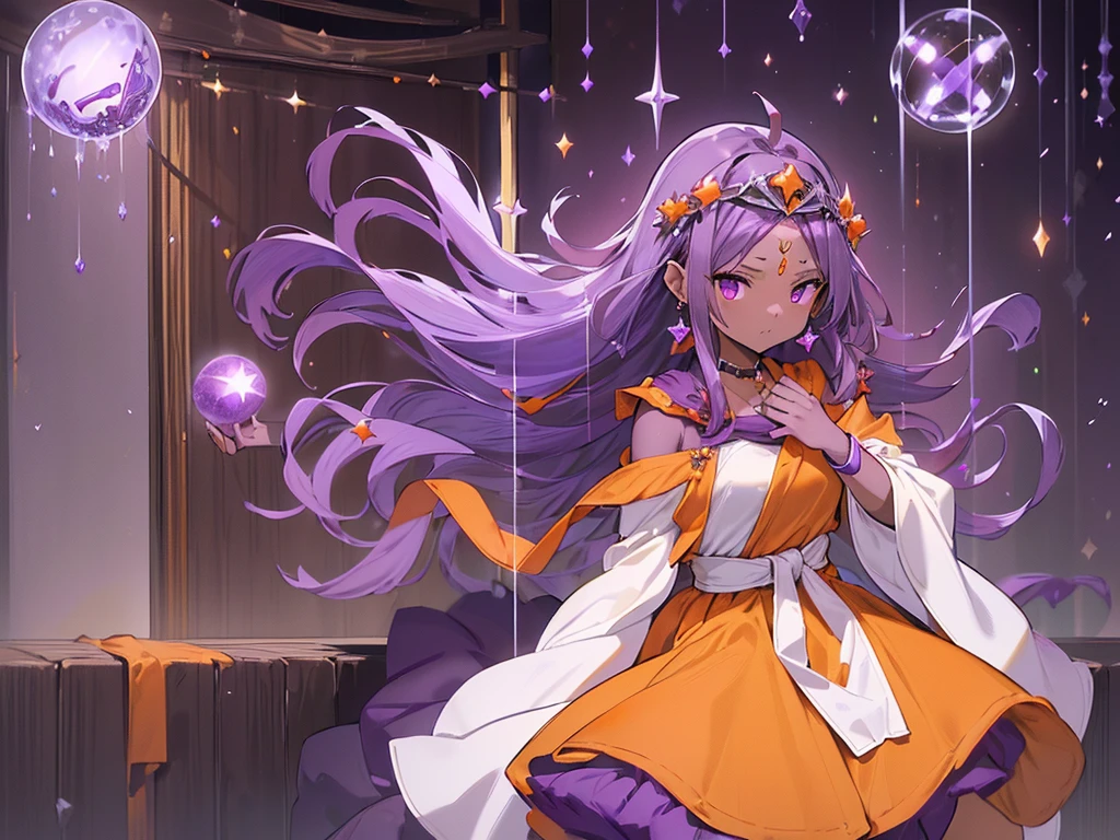 masutepiece, Best Quality, (the Extremely Detailed CG Unity 8K Wallpapers), (Best Quality), (Best Illustrations), (Best Shadows), Ray tracing, Octane Rendering, (Minea from DQ4), fortune teller, (Silver Tarot), medium breasts, (long hair), purple eyes, (dark purple hair:1.8), (forehead:1.3), choker, bracelet, (dark orange poncho:1.2), (yellow stole:1.5), (white long skirt:1.6), (orange dress:1.4), (silver circlet:1.5), (dark skin:1.3), (emerald earrings:1.2), closed mouth, (with a crystal ball), cowboy shot, at lakeside, (spelled healing magic:1.5), solo, (healing green aura), ((Particle effect)),