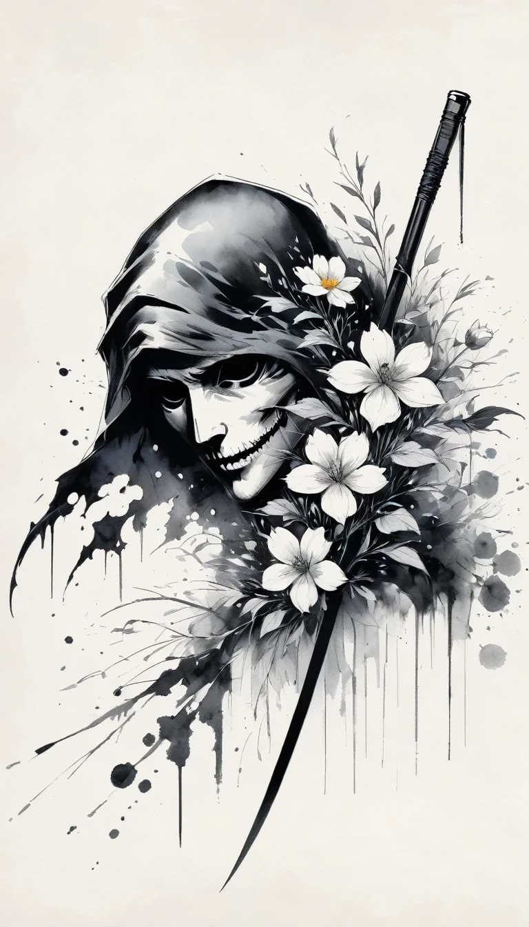 (Anime line drawing:1.5)，grim Reaper，(Black and White:1.45)，Minimalism，(Line Art:1.6)，sketch，charcoal drawing，Black Grim Reaper，flower，Ominous Red，Blood splatter