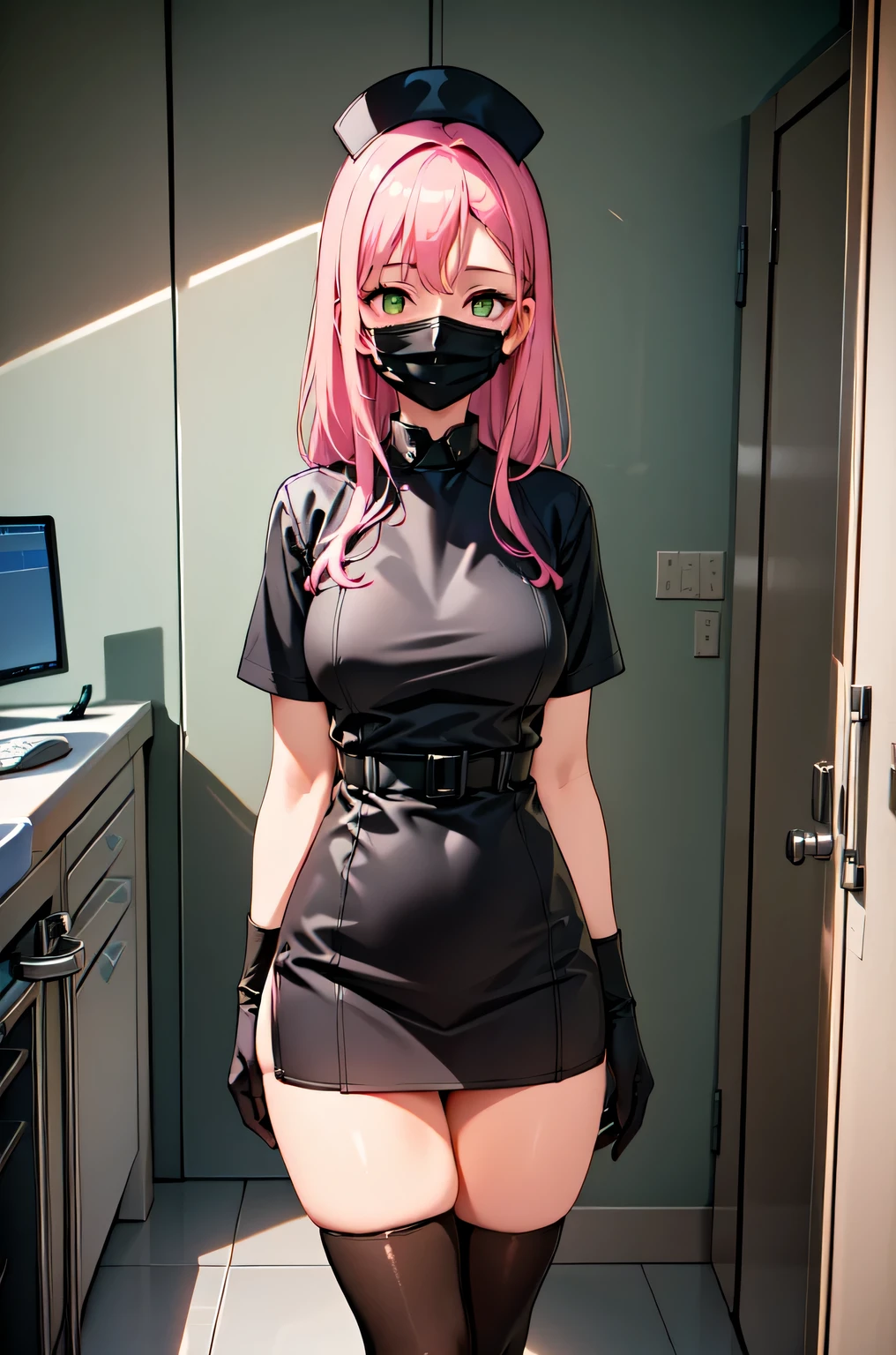 black nurse, 1woman, solo, black nurse cap, black nurse uniform, ((black legwear, zettai ryouiki)), black elbow gloves, pink hair, green eyes, drooping eyes, ((black surgical mask, covered nose)), standing, ((surgery room)), sharp outline, short sleeves, mature female, 32 years old, best quality, masterpiece