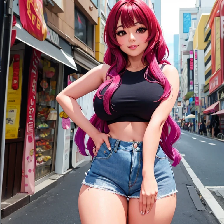 Sensual hermosa mujer cabello rosa coletas ((Ilulu-chan)) cuernos de dragon, cuerpo esbelto tetas grandes, camiseta negra muy ajustada casi transparente, short jeans, imagen 1.2 high resolution perfect detailed sensual smile 12k