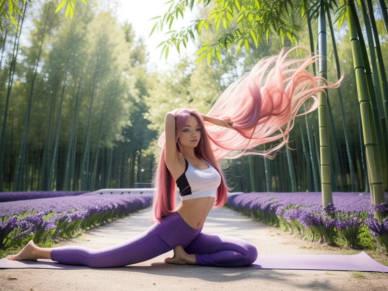 masterpiece, Best quality, Realistic, 
1 fille, Yujiasuit, （Gilet de yoga blanc：1.2）,  seul, Pose，Scene details， cheveux roses, Baisse les yeux et souris，silhouette fine parfaite，((Pantalon de yoga moulant de couleur vive, Yeux violets, very long pink hair flying in the wind)), tout le corps，poitrine push-up，exterior bamboo and forest , pose emphasizing one&#39;s balance and beauty. ultra Realistic, texture de peau Realistic, 16k, longue jambe, mains parfaites, very detailed perfect eyes:1.6