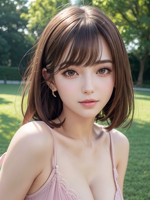 8k,highest quality, masterpiece, Very detailed, 超High resolution, Realistic, RAW Photos, Absurd, The absolute solution, One Girl, alone,Upper Body, (View your audience:1.3),Young and pretty girl in Japan,Very cute face, Charming person, Big Breasts, Long Bob Hair ,smile,Pink Dress、The Royal Palace Gardens with greenery stretching out in the distance、　Glossy lips, Double eyelids on both eyes, Beautiful details,Natural Makeup, Long eyelashes, shiny smooth light brown Long Bob Hair, Asymmetrical bangs, Shiny skin, Center image, High resolution, Attention to detail, Detailed hairstyle, Detailed face, Great cinema lighting, Octane Rendering, Vibrant, Ultra-realistic, Perfect limbs, Perfect Anatomy