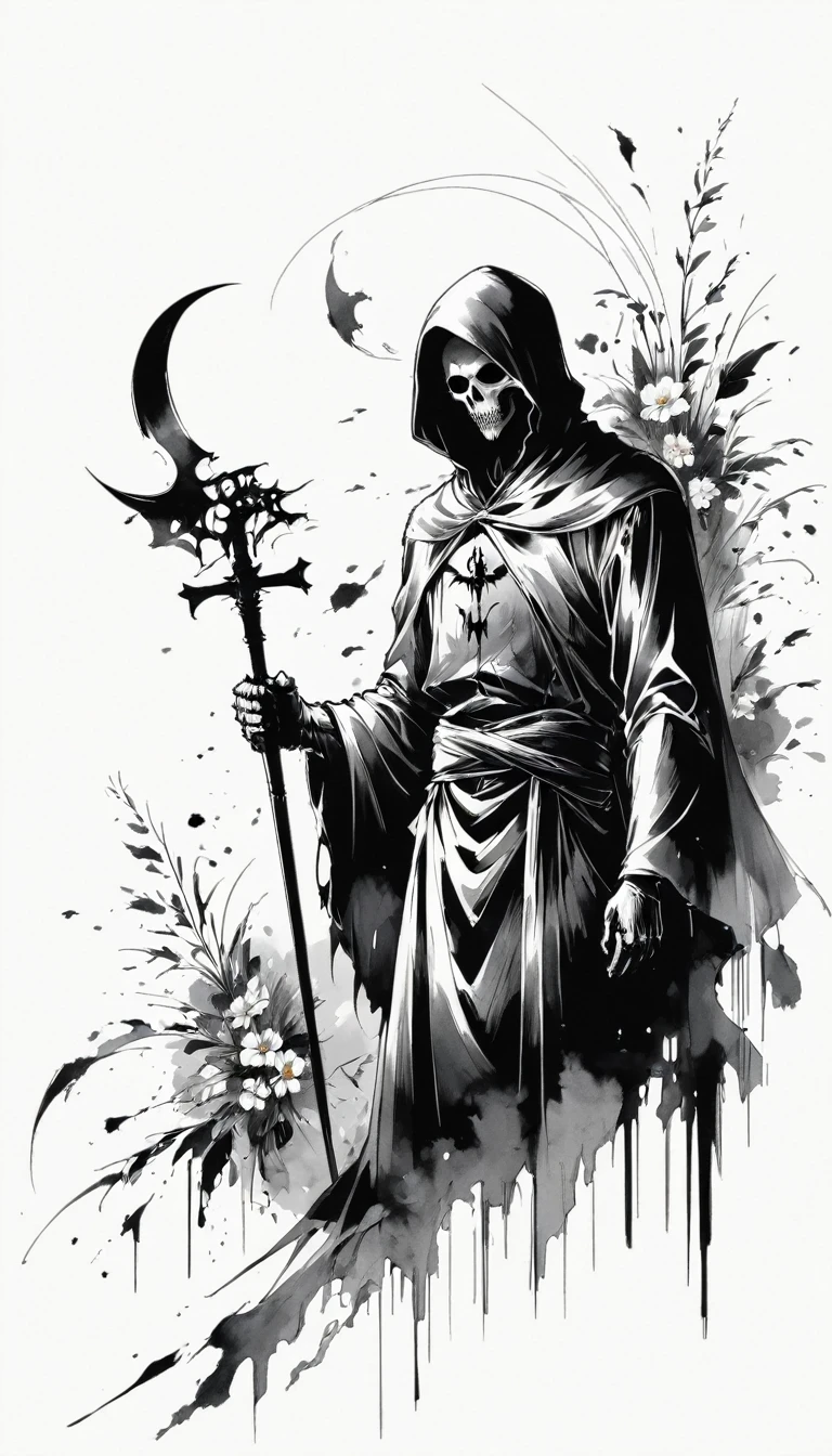 (Anime line drawing:1.5),grim Reaper,(Black and White:1.45),Minimalism,(Line Art:1.6),sketch,charcoal drawing,Black Grim Reaper,flower,Ominous Red,Blood splatter