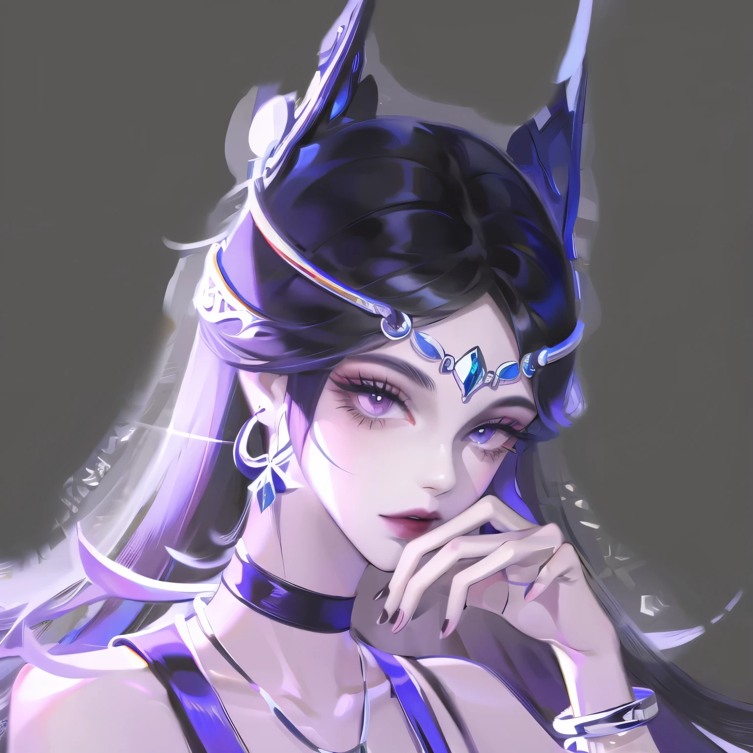 Pilion, Solitary, 1 Girl, 黑色nail, Jewelry,looking at the audience, Necklace, necklace, Put your hands on your face, punching, White background, Heart, Shut up, Gray eyes, nail油, Simple background, Black hair, ear punching, black Necklace, Smile, eyelash, Lips, Put your hand on your cheek, Bangs, bracelet, bead, gem, earrings, nail