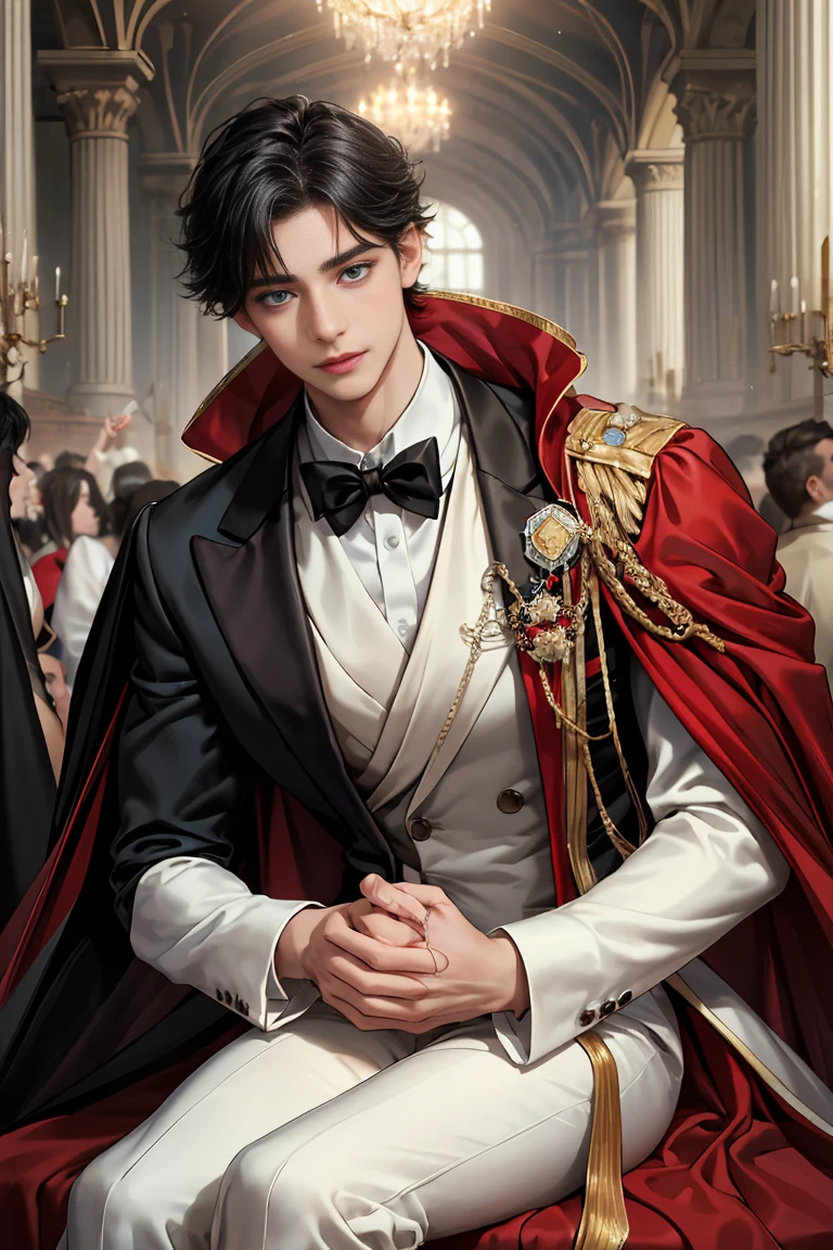 
masterpiece, 最high quality, high quality, 1 boy, alone, Male focus, Watching the audience,  Messy black hair, Adorable big blue eyes, White, Noble, Noble, Tuxedo、A very voluminous, large, very large, very large, long, long red and black cape with a high stand-up collar, reaching down to the floor, made of a lot of fabric., 17 years old,Cute beautiful boys,Cute, cute, gentle smiling handsome man