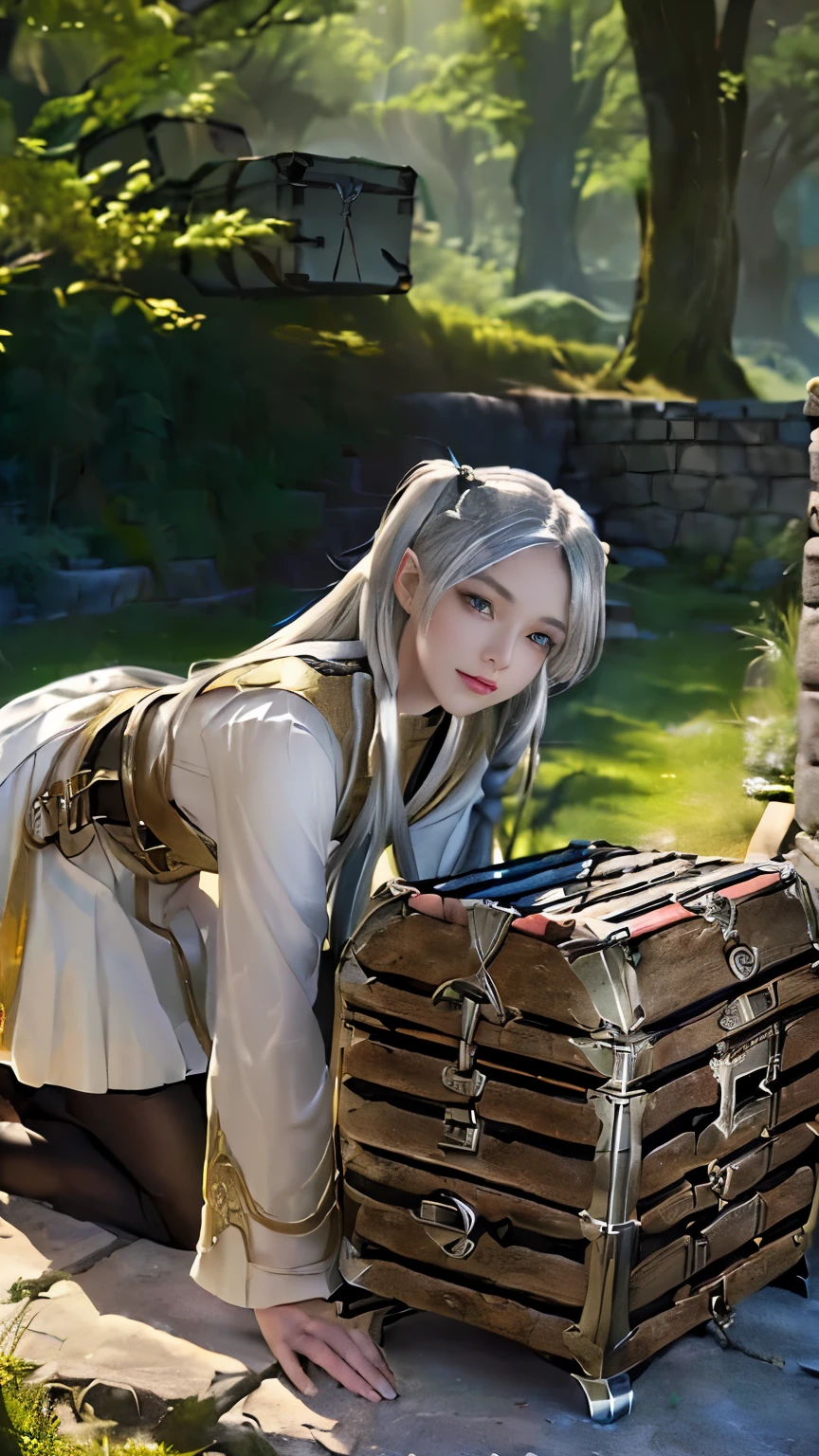 live-action, photo of, green eyes , A scene inspired by the manga 'Frieren: Beyond Journey's End', A hyper-realistic movie photograph of a , elven girl with long, smirking, ((silver hair styled in twin tails)). She is wearing a detailed, white and gold-trimmed uniform with a belt and dark stockings. She is bending over, ((looking at a giant treasure chest:1.5)). The background features a stone wall and some foliage, with sunlight casting dramatic shadows. The scene captures a sense of curiosity and surprise, reflecting a fantasy adventure setting.