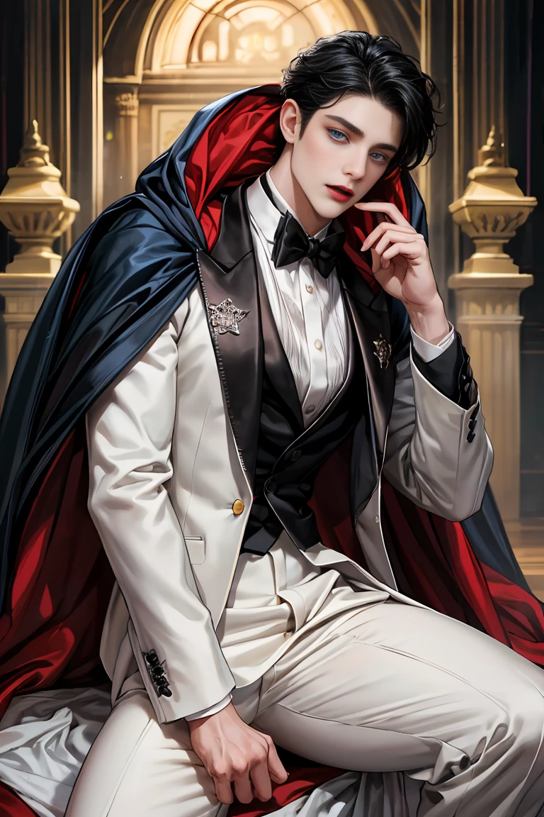 
masterpiece, 最high quality, high quality, 1 boy, alone, Male focus, Watching the audience,  Messy black hair, Adorable big blue eyes, White, Noble, Noble, Beautiful Vampire、Tuxedo、A very voluminous, large, very large, very large, long, long red and black cape with a high stand-up collar, made of a lot of fabric that reaches down to the floor., 17 years old,Cute beautiful boys,Cute, cute, kind, handsome guy