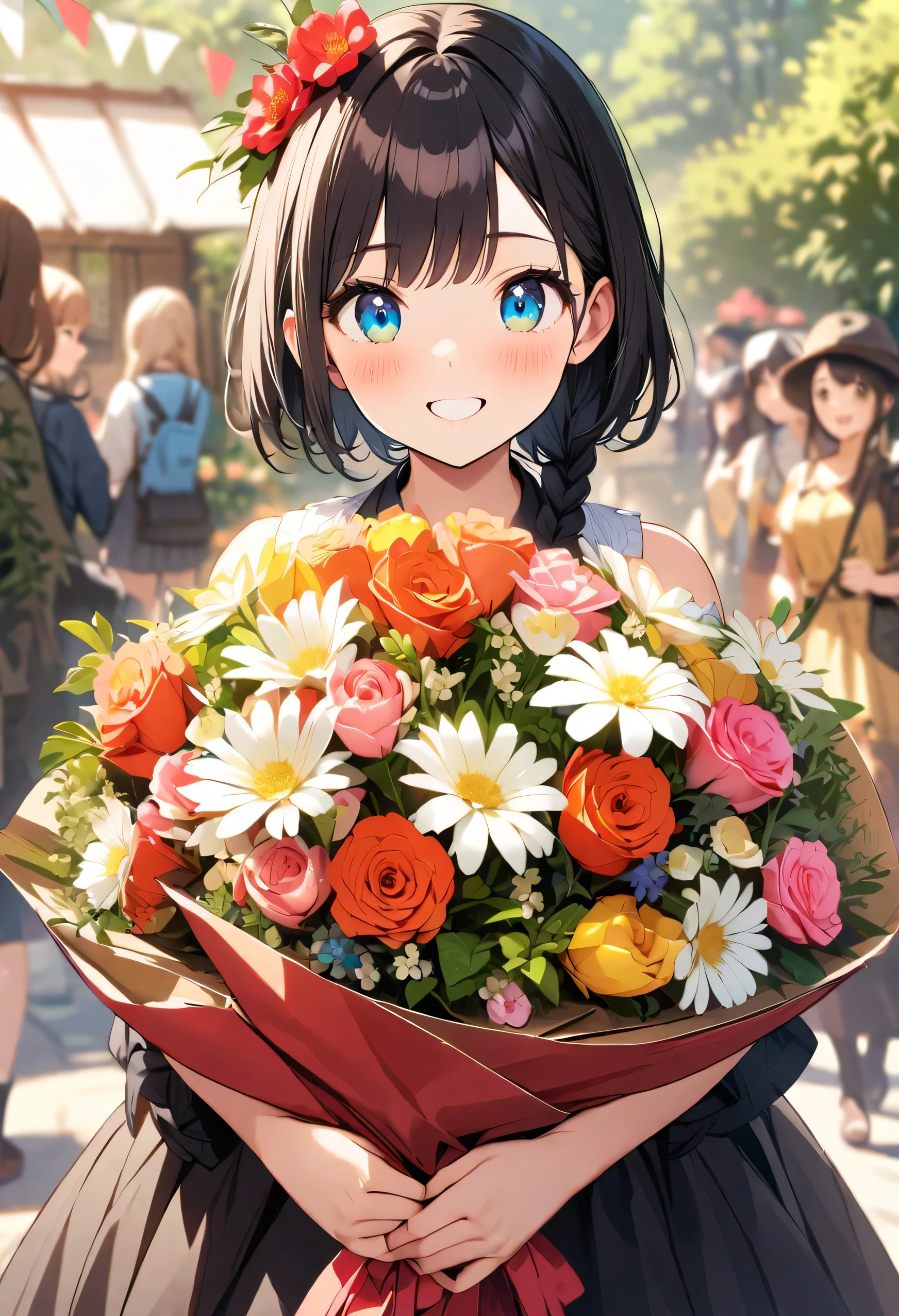 highest quality、High resolution、Detailed Background、Beautiful face in every detail、Anatomically correct、Detailed facial expressions、Detailed eyes、Detailed eyes、Beautiful, smooth skin、Teenage beauty、Highly detailed face、cute hair color、Braided Ponytail、Braided bob cut、cute hairstyle、well-groomed eyebrows、Cute gestures、Fits in one screen、
(Three beautiful girls having fun together with big smiles:1.5)、
At the Flower Camp you can pick your own flowers and enjoy them.、
Participants can explore the flower fields and gardens and pick their favorite flowers in areas permitted at the campground or flower fields.、
You can touch fresh flowers and enjoy their beauty and fragrance.、
Flower camps sometimes include flower arranging experiences.、
Participants can create their own original flower arrangements using flowers they picked themselves or the floral materials provided.、
Enjoy the fun of arranging flowers according to your own taste and sensibility.、cute