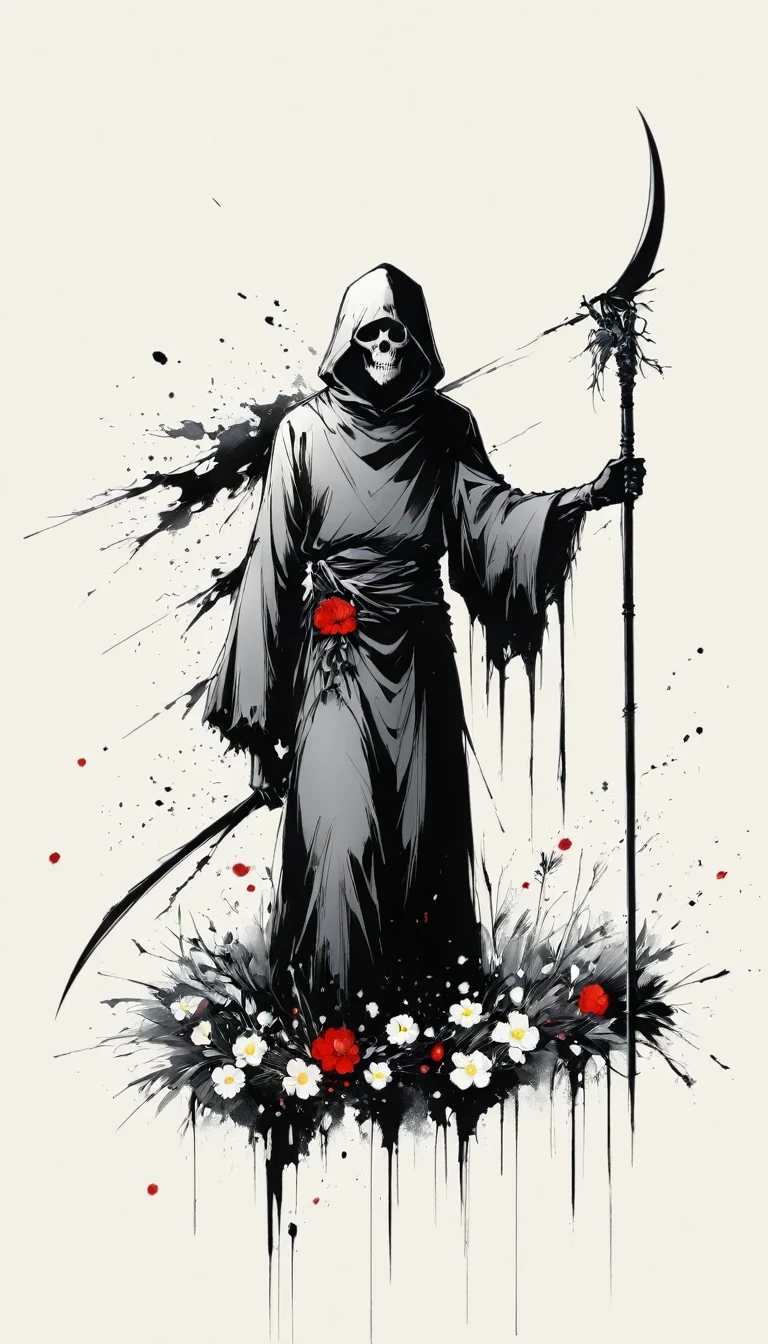 (Anime line drawing:1.5)，grim Reaper，(Black and White:1.45)，Minimalism，(Line Art:1.6)，sketch，charcoal drawing，Black Grim Reaper，flower，Ominous Red，Blood splatter