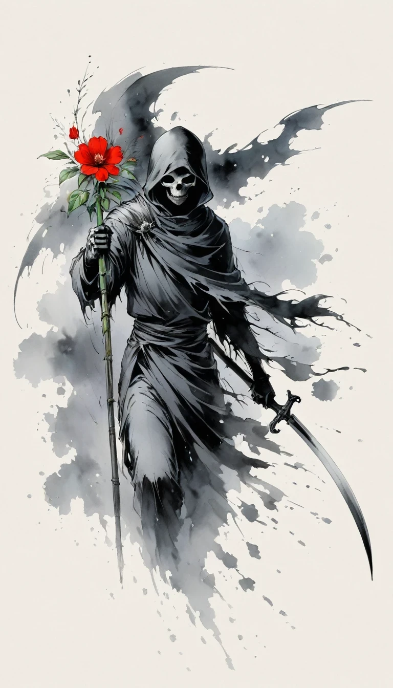 (Anime line drawing:1.5)，grim Reaper，(Black and White:1.45)，Minimalism，(Line Art:1.6)，sketch，charcoal drawing，Black Grim Reaper，flower，Ominous Red，Blood splatter