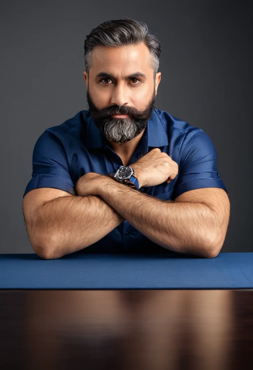 Homem de terno, com barba, especialista em relacionamento, sitting behind a table, arms on the table, watch on wrist.