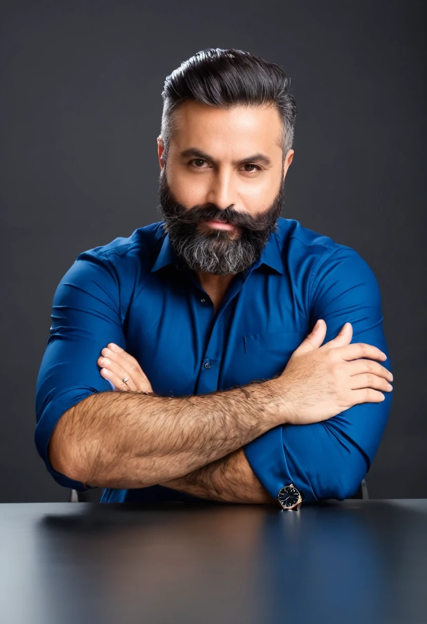 Homem de terno, com barba, especialista em relacionamento, sitting behind a table, arms on the table, watch on wrist.
