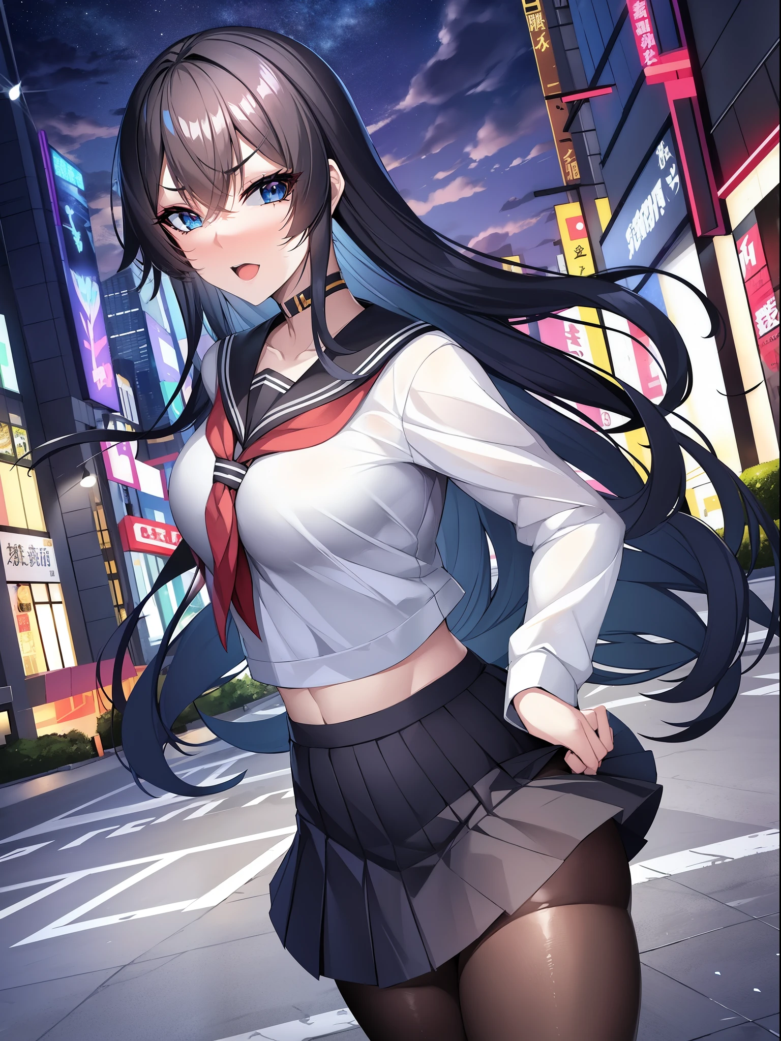 
masterpiece、Best Quality、 1 Girl、 solo, cyber punk, 白pantyhose, Sister, Multicolored Hair, Outdoor, null, , wood, blue eyes, Gray Hair, Sailor collar, neckerchief, Unite, Striped Hair, skirt, eyebrows hidden by hair, nightnull, Look at the side, scar, 黒Sailor collar, Medium Hair, 黒skirt, pantyhose, 黒Serafuku, Hair between the eyes, Long Bangs, プリーツskirt, White of the eyes, Open your mouth, Serafuku, Black Hair, night, 顔のscar, pedestrian crossing