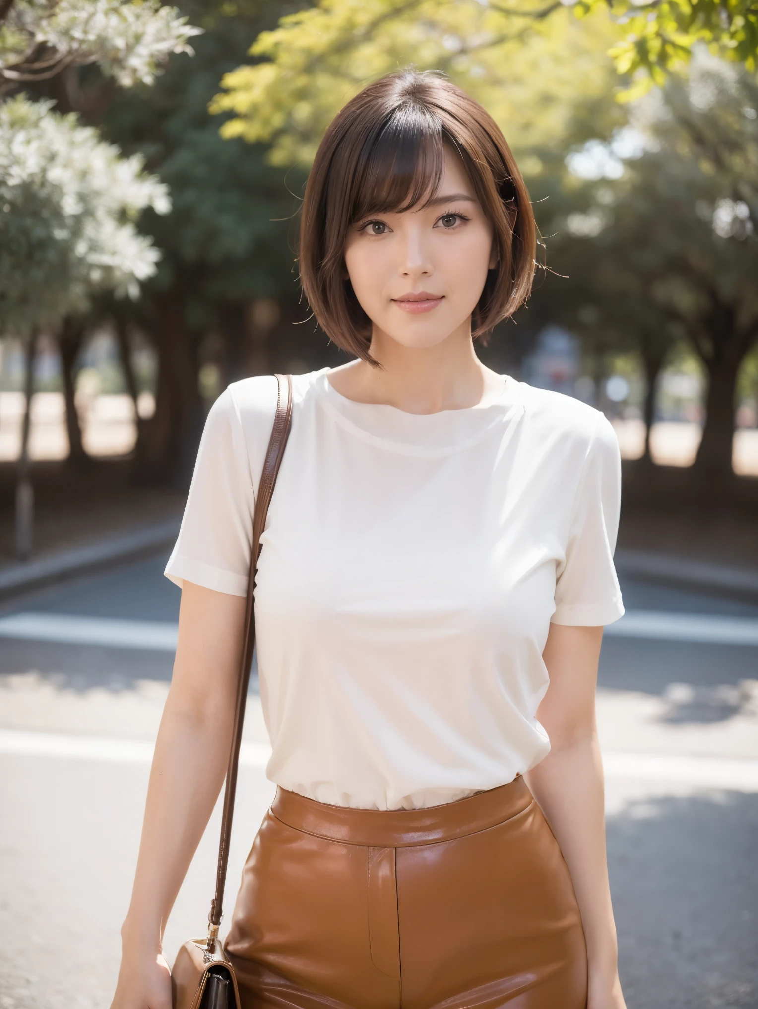 (Tabletop,high quality,16k:1.1),(Written boundary depth:1.3) ,((Front body:1.35)), Japanese ,2Women, Landmine Makeup ,Embrace each other,Short black hair,Bob Hair、 (Red short sleeve U-neck)、(Beige leather pants:1.6)、 (((tight))), (Standard body shape)、(c cup breasts), Sensual, Curvy,(View your audience:1.3),(Full Body Shot:1.2),(Hibiya Park:1.2),(daytime parking),(Beautiful view of Tokyo, Japan:1.2)