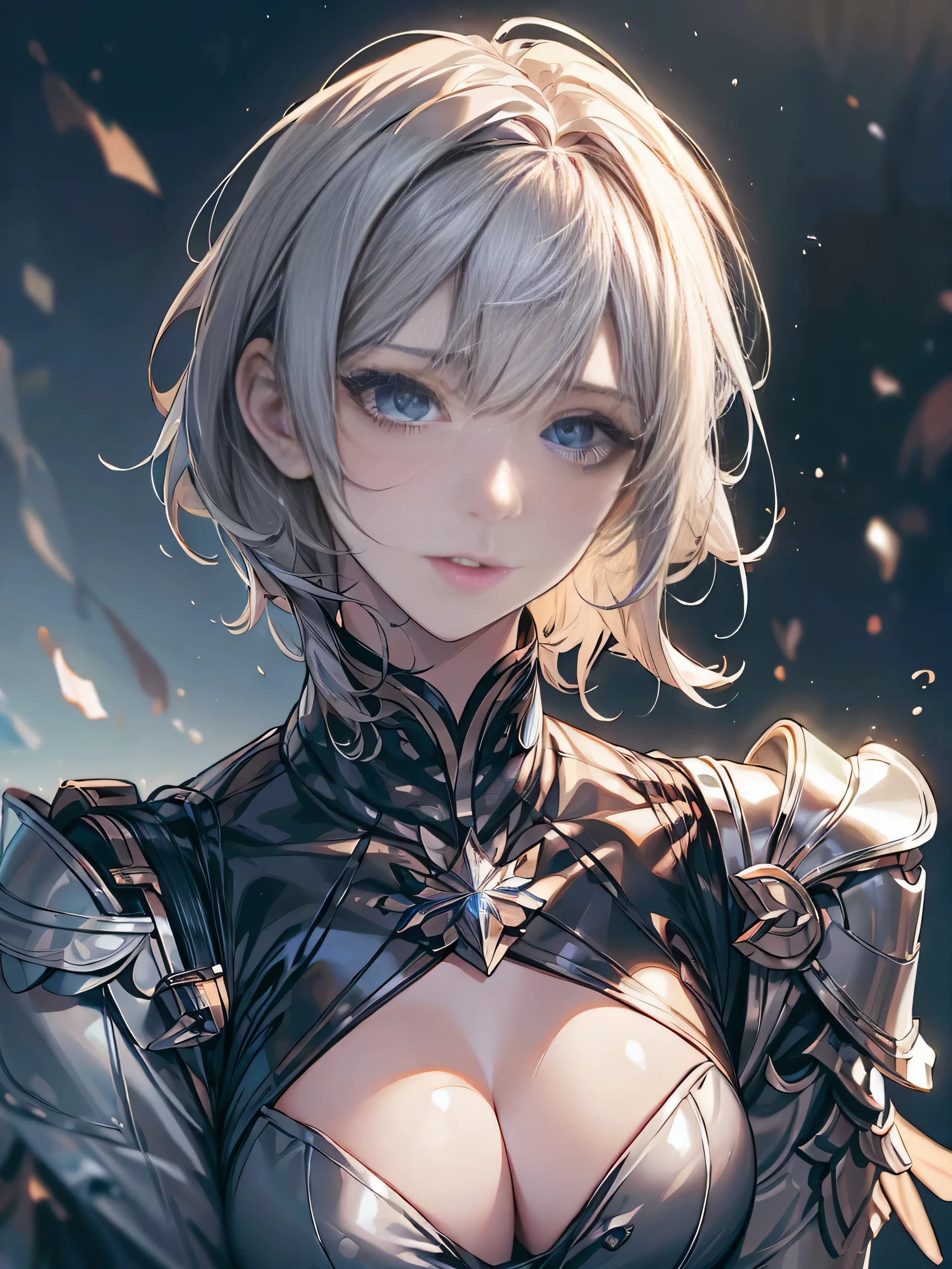 (( (masterpiece),(Very detailed CG Unity 8k wallpaper),(Bust Shot:1.5), highest quality,Cinema Lighting,Photorealistic, Detailed Background,Beautiful and beautiful eyes,Bright Eyes,(Very elegant and beautiful),(Beautifully detailed eye depiction),Very detailed,masterpiece,High resolution)), Richly decorated armor, Beautiful Female Warrior, short hair, Platinum Blonde Hair, Cleavage