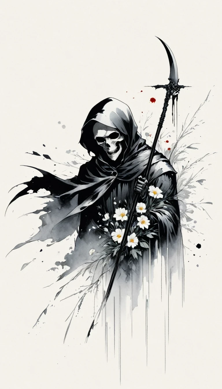 (Anime line drawing:1.5)，grim Reaper，(Black and White:1.45)，Minimalism，(Line Art:1.6)，sketch，charcoal drawing，Black Grim Reaper，flower，Ominous Red，Blood splatter