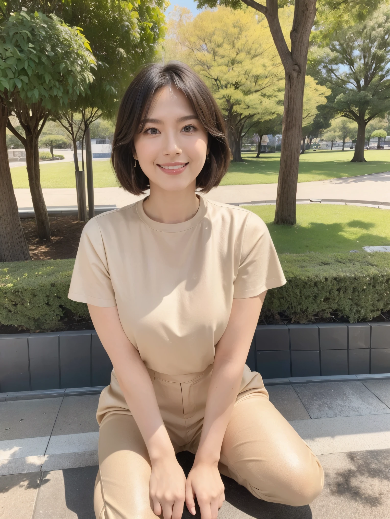 (Tabletop,high quality,16k:1.1),(Written boundary depth:1.3) ,((Front body:1.35)),  Japanese ,2Women, Landmine Makeup ,Embrace each other,Short black hair,Bob Hair、 （Red short sleeve U-neck）、（Beige leather pants:1.6）、 (((tight))), （Standard body shape）、（c cup breasts）, Sensual,  Curvy,(View your audience:1.3),(Full Body Shot:1.2),（Hibiya Park:1.2）,(daytime parking),(Beautiful view of Tokyo, Japan:1.2)