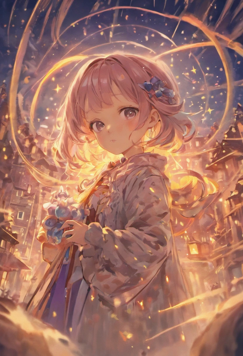 Stars shine,Colorful,Lolita style clothing,Cartoony,Chubby ,Holding a bear cub doll,Clumsy jumps,Cute and cute,KIDS ILLUSTRATION,Glow effects,Dingdall effect,depth of fields,high light,Real light,Ray traching,oc rendered,Hyper-realistic,best qualtiy,8K,Works of masters,super-fine,Detailed pubic hair,Correct anatomy,sharp focus on eyes,Bokeh,Facial features are carefully depicted