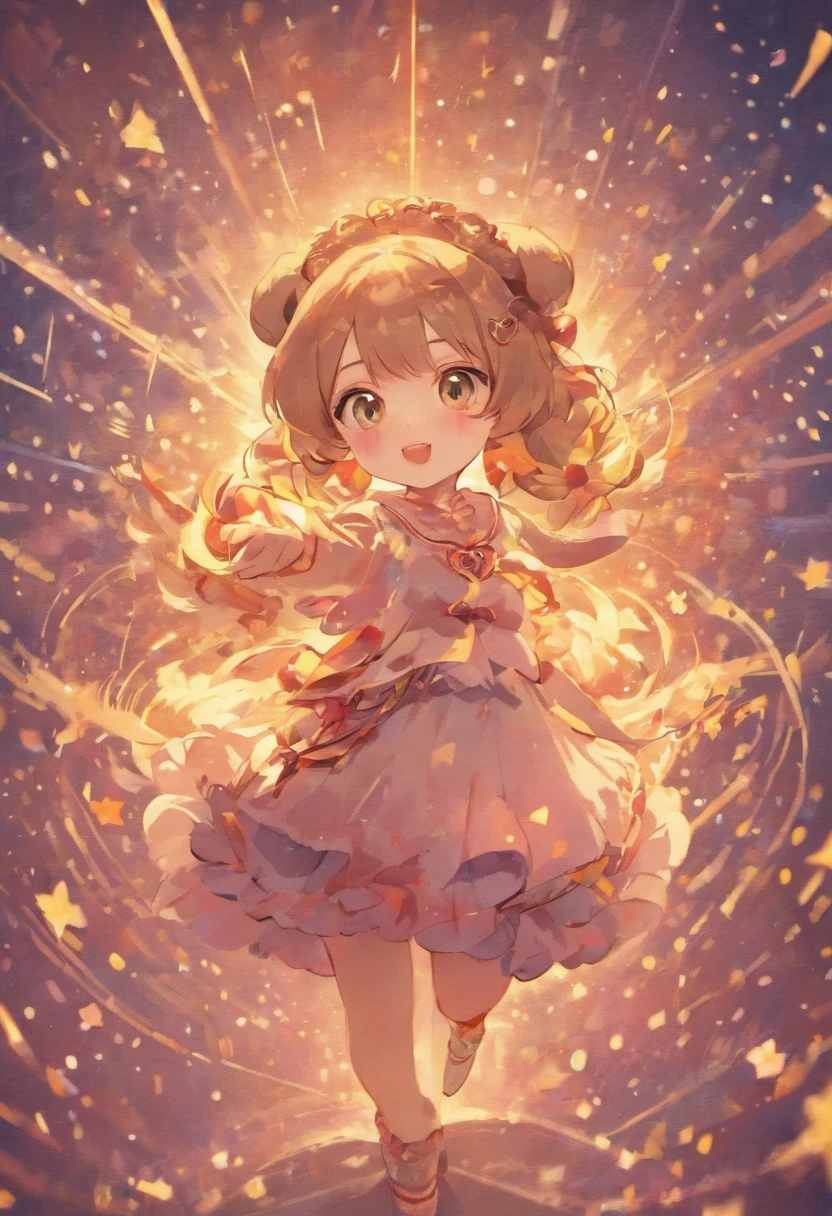 Stars shine，Colorful，ta style clothing，Cartoony，Chubby ，Holding a bear cub doll，Clumsy jumps，Cute and cute，KIDS ILLUSTRATION，Glow effects，Dingdall effect，depth of fields，high light，Real light，Ray traching，oc rendered，Hyper-realistic，best qualtiy，8K，Works of masters，super-fine，Detailed pubic hair，Correct anatomy，sharp focus on eyes，Bokeh，Facial features are carefully depicted