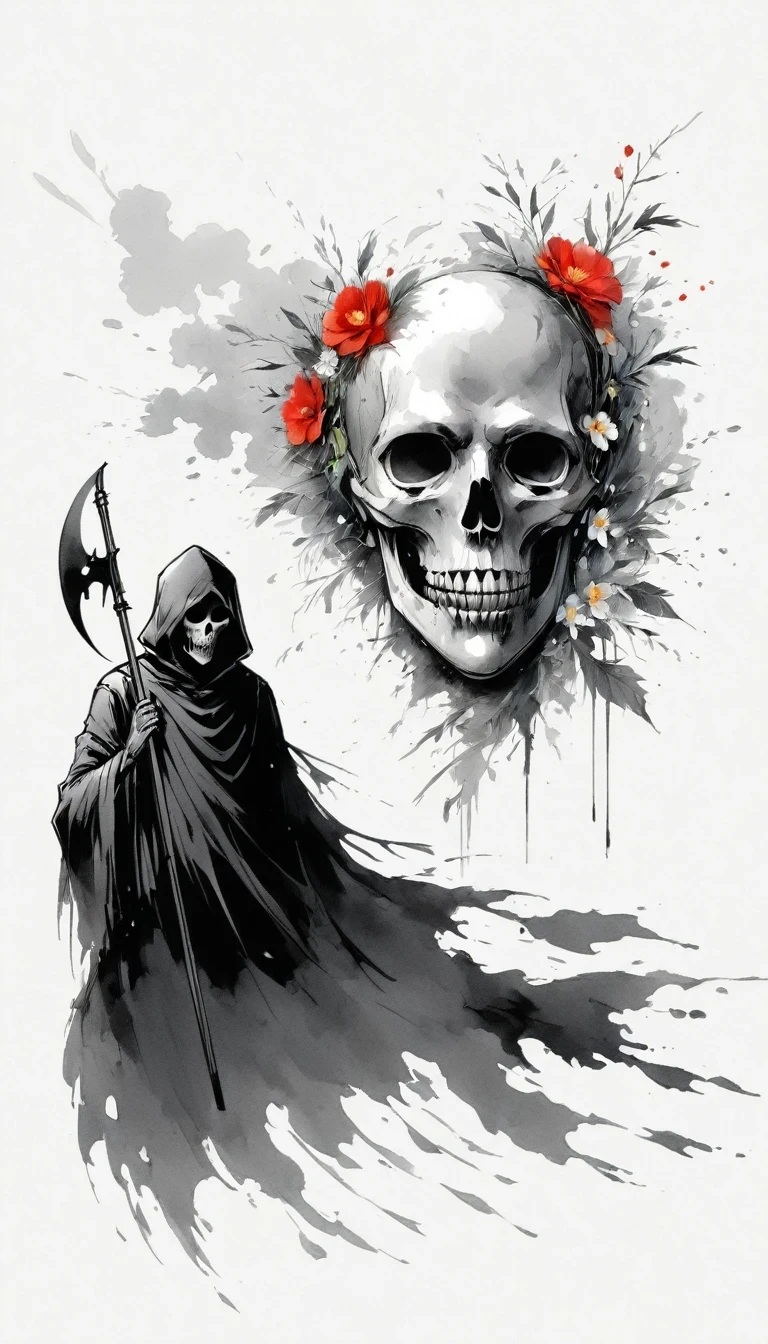 (Anime line drawing:1.5)，grim Reaper，(Black and White:1.45)，Minimalism，(Line Art:1.6)，sketch，charcoal drawing，Black Grim Reaper，flower，Ominous Red，Blood splatter