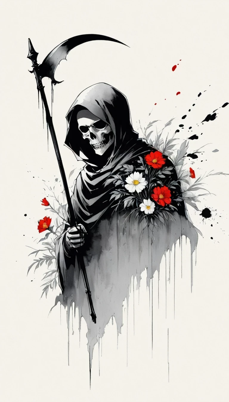 (Anime line drawing:1.5)，grim Reaper，(Black and White:1.45)，Minimalism，(Line Art:1.6)，sketch，charcoal drawing，Black Grim Reaper，flower，Ominous Red，Blood splatter