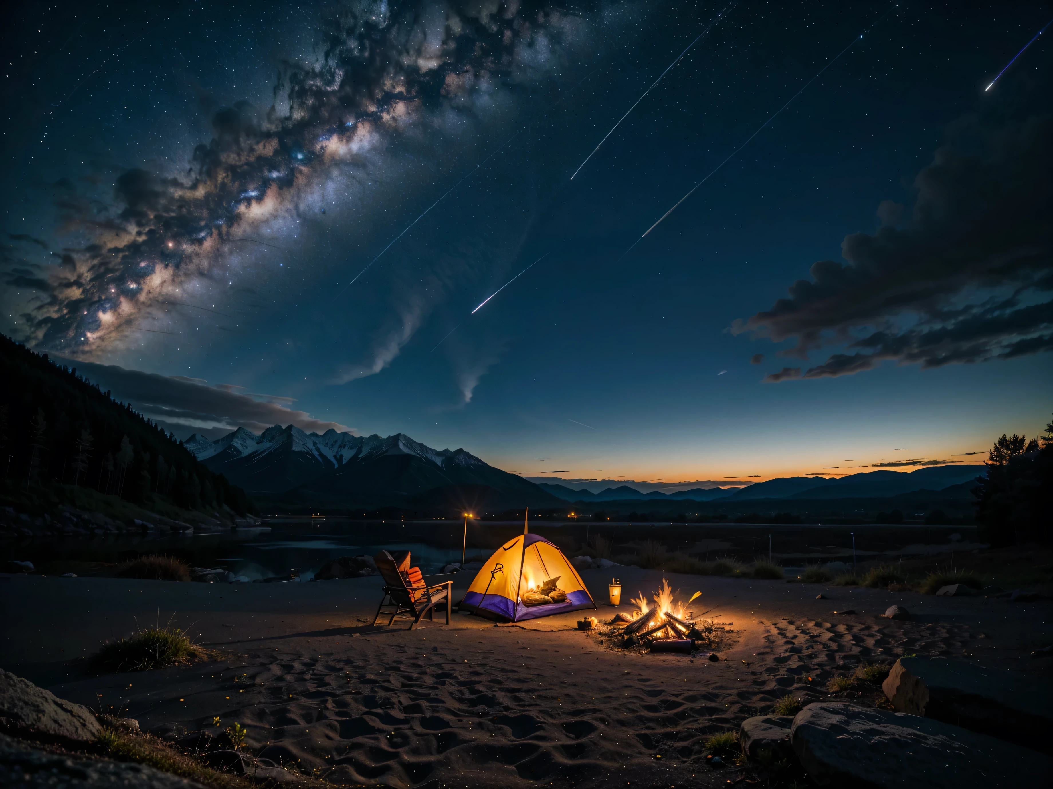 tent,campfire,Looking at the stars,Alien landscape purple blue magenta tones, Rings surrounding a planet visible in the night sky, A night sky with stars