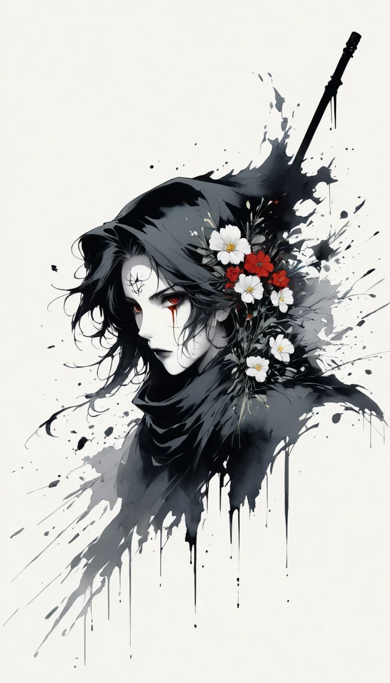 (Anime line drawing:1.5)，grim Reaper，(Black and White:1.45)，Minimalism，(Line Art:1.6)，sketch，charcoal drawing，Black Grim Reaper，flower，Ominous Red，Blood splatter