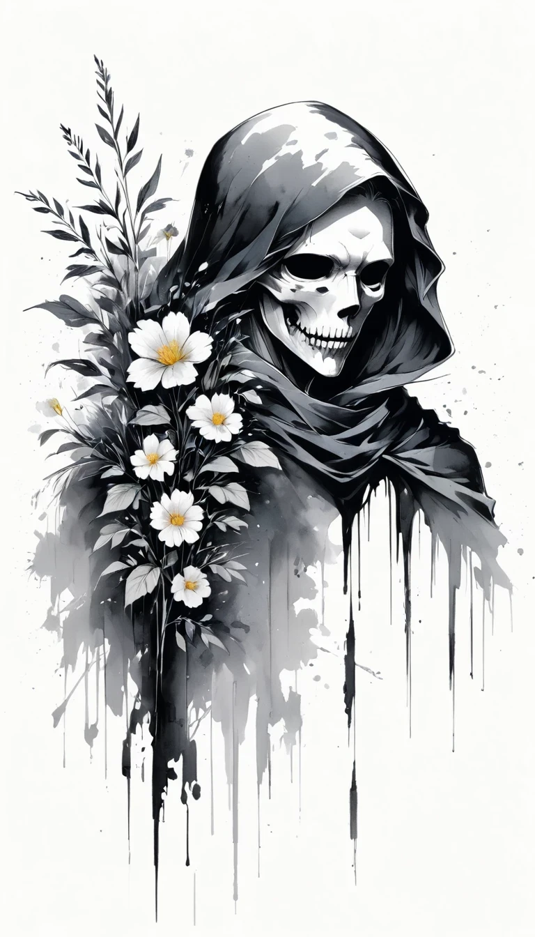 (Anime line drawing:1.5)，grim Reaper，(Black and White:1.45)，Minimalism，(Line Art:1.6)，sketch，charcoal drawing，Black Grim Reaper，flower，Ominous Red，Blood splatter