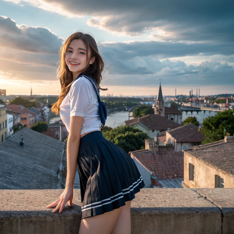 very cute and beautiful girl,Teen,(Very exquisite beautiful face and eyes), (smile:1.25),Black Hair,(Sailor ,Pleated navy blue mini skirt),Dynamic pose,View Viewer, European house with red roof々,(Overview of the town),A narrow river and a stone bridge in the distance,Detailed landscape, (highest quality,masterpiece),Absurd,High resolution,Super detailed,Very detailed,32k,8K resolution, Intricate details,Movie Scenes,Detailed Background,alone,Dynamic Angle, Hair blowing in the wind,Beautifully detailed skies,