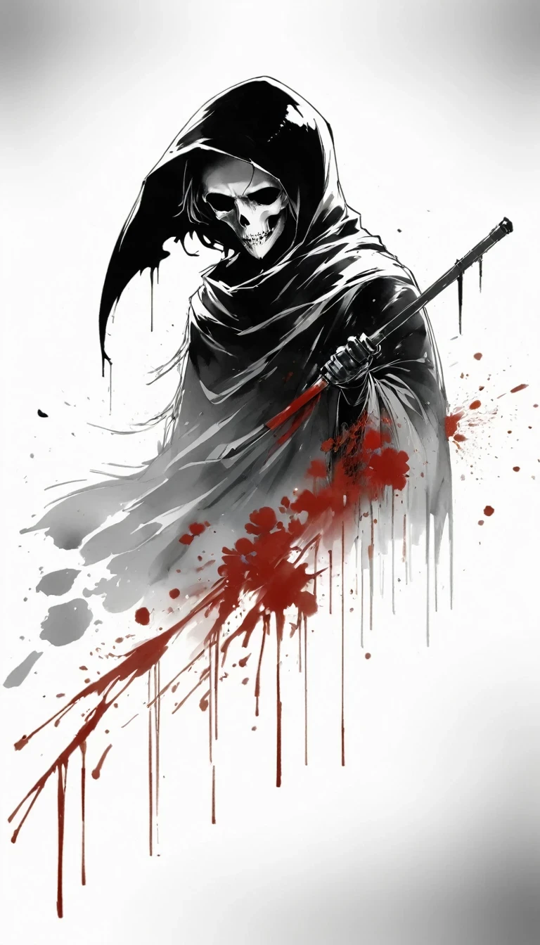 (Anime line drawing:1.5),grim Reaper,(Black and White:1.45),Minimalism,(Line Art:1.6),sketch,charcoal drawing,Black Grim Reaper,flower,Ominous Red,Blood splatter