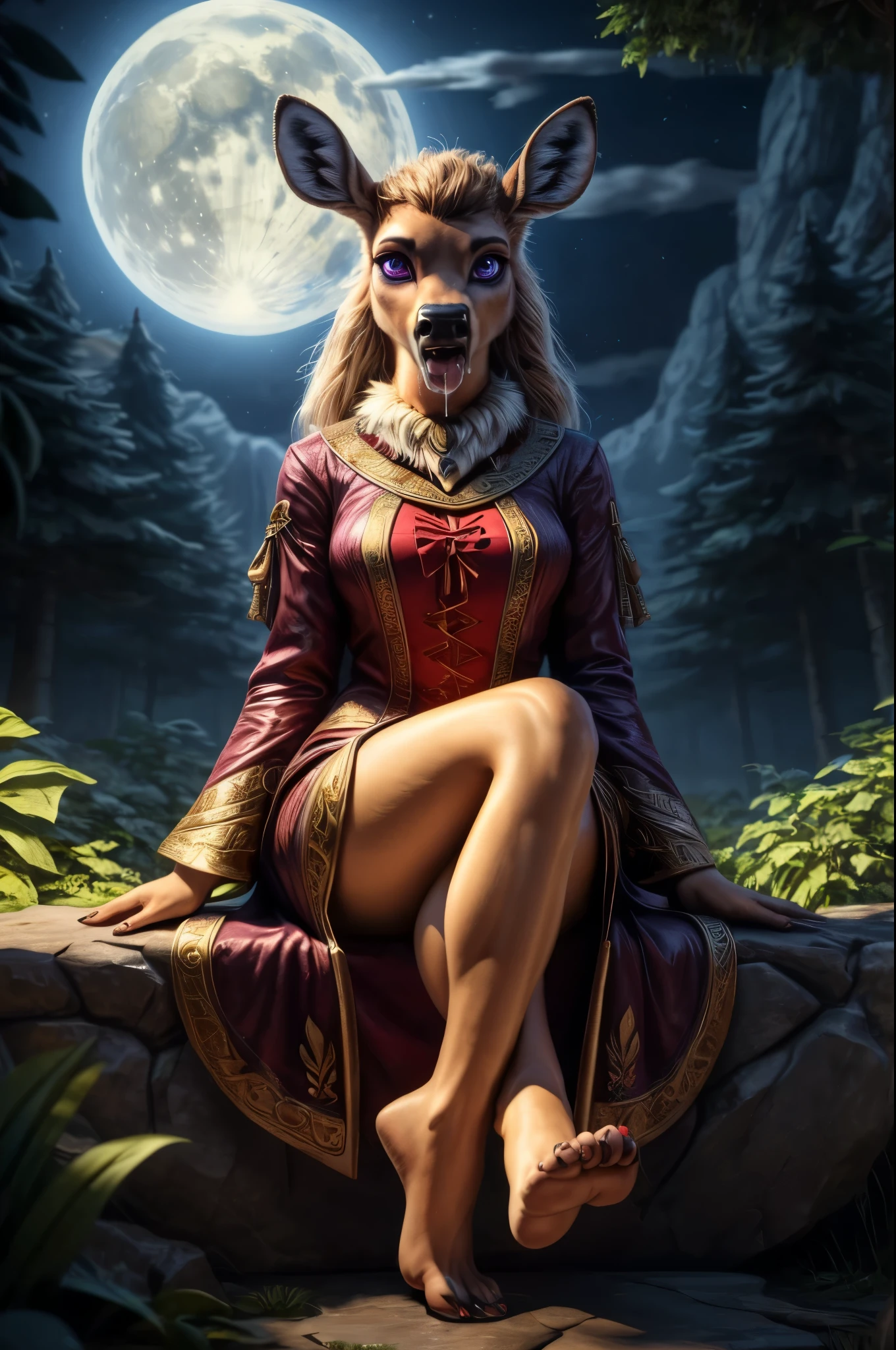 (((SFW))), (((Barefoot furry character, full body, cinematic setting, furry female, plantigrade, crossed legs))), (((glow in eyes, open mouth, drooling, deeply hypnotised))), graceful and enigmatic ((deer)) anthro with deep ((purple fur)) and captivating ((violet eyes)). Dressed in flowing, dark robes with belladonna flower motifs. The figure sits barefoot and (((showing soles))) in a moonlit forest surrounded by eerie nightshade plants, with ripe berries and ethereal moonlight casting shadows. The atmosphere evokes mystery and danger. BREAK, detailed background, 8K, (masterpiece:1.5), intricate details, highly detailed, extreme detail, octane render, fine art, best quality, highres, (detailed face:1.5), ((full_body)), UHD, (((perfect hands))), low light