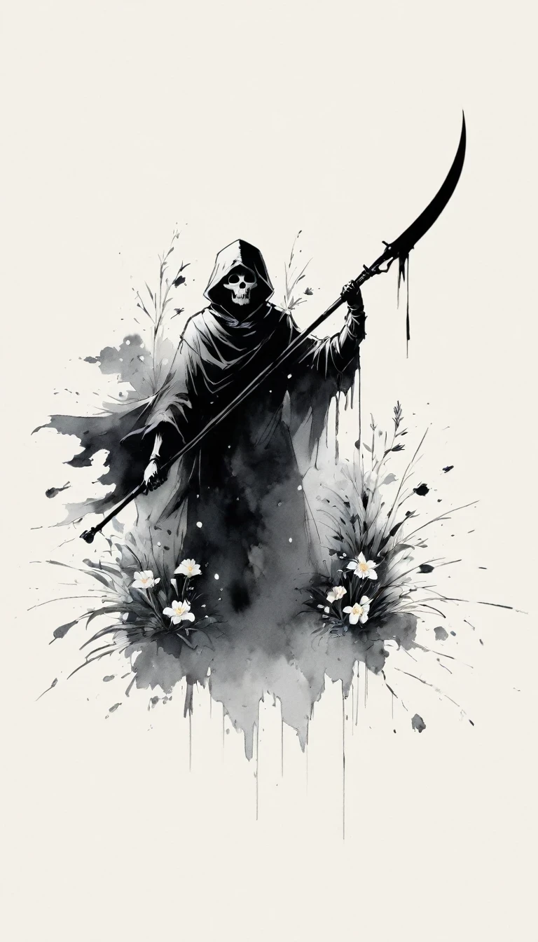 (Anime line drawing:1.5)，grim Reaper，(Black and White:1.45)，Minimalism，(Line Art:1.6)，sketch，charcoal drawing，Black Grim Reaper，flower，Ominous Red，Blood splatter