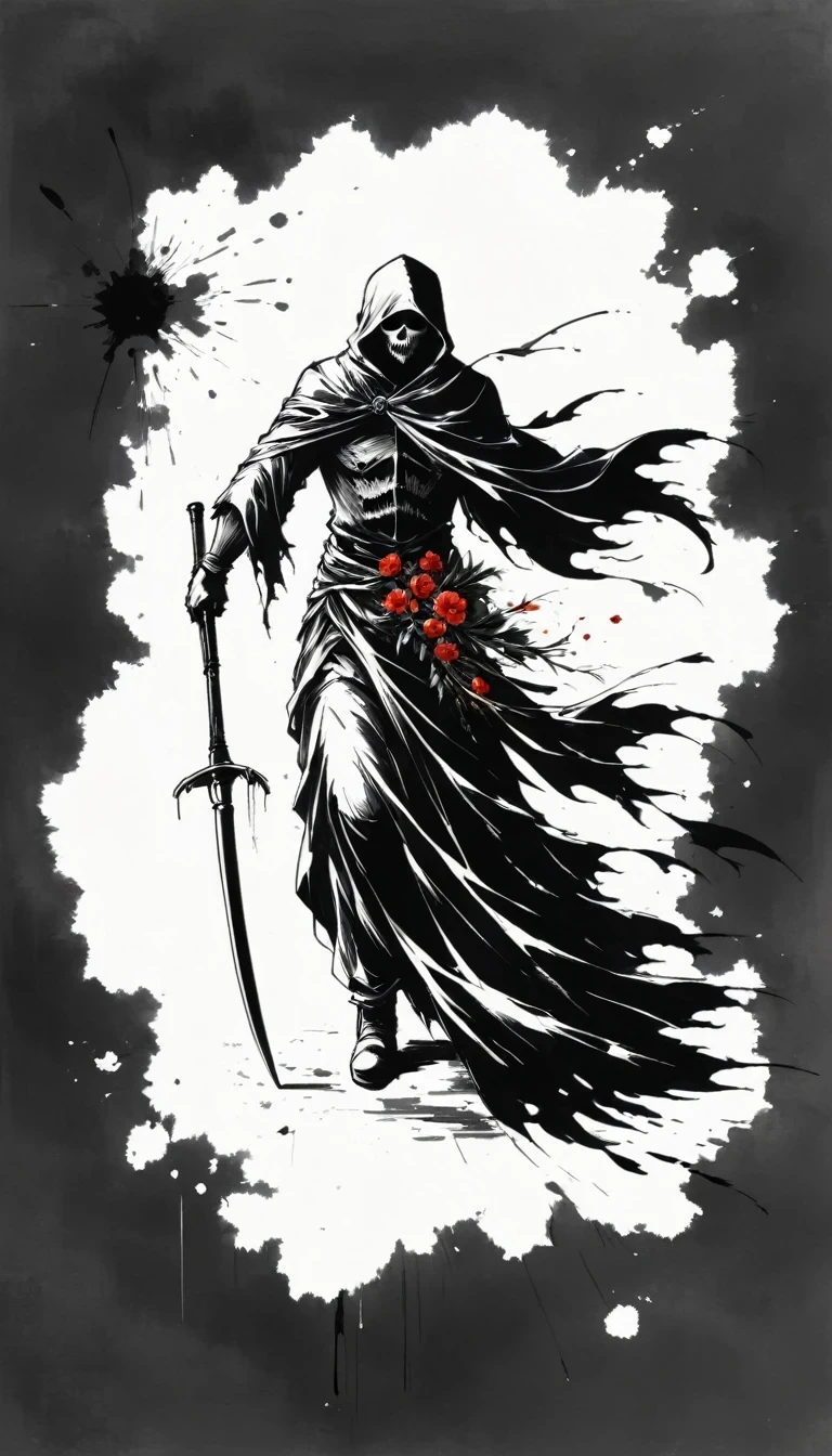 (Anime line drawing:1.5)，grim Reaper，(Black and White:1.45)，Minimalism，(Line Art:1.6)，sketch，charcoal drawing，Black Grim Reaper，flower，Ominous Red，Blood splatter