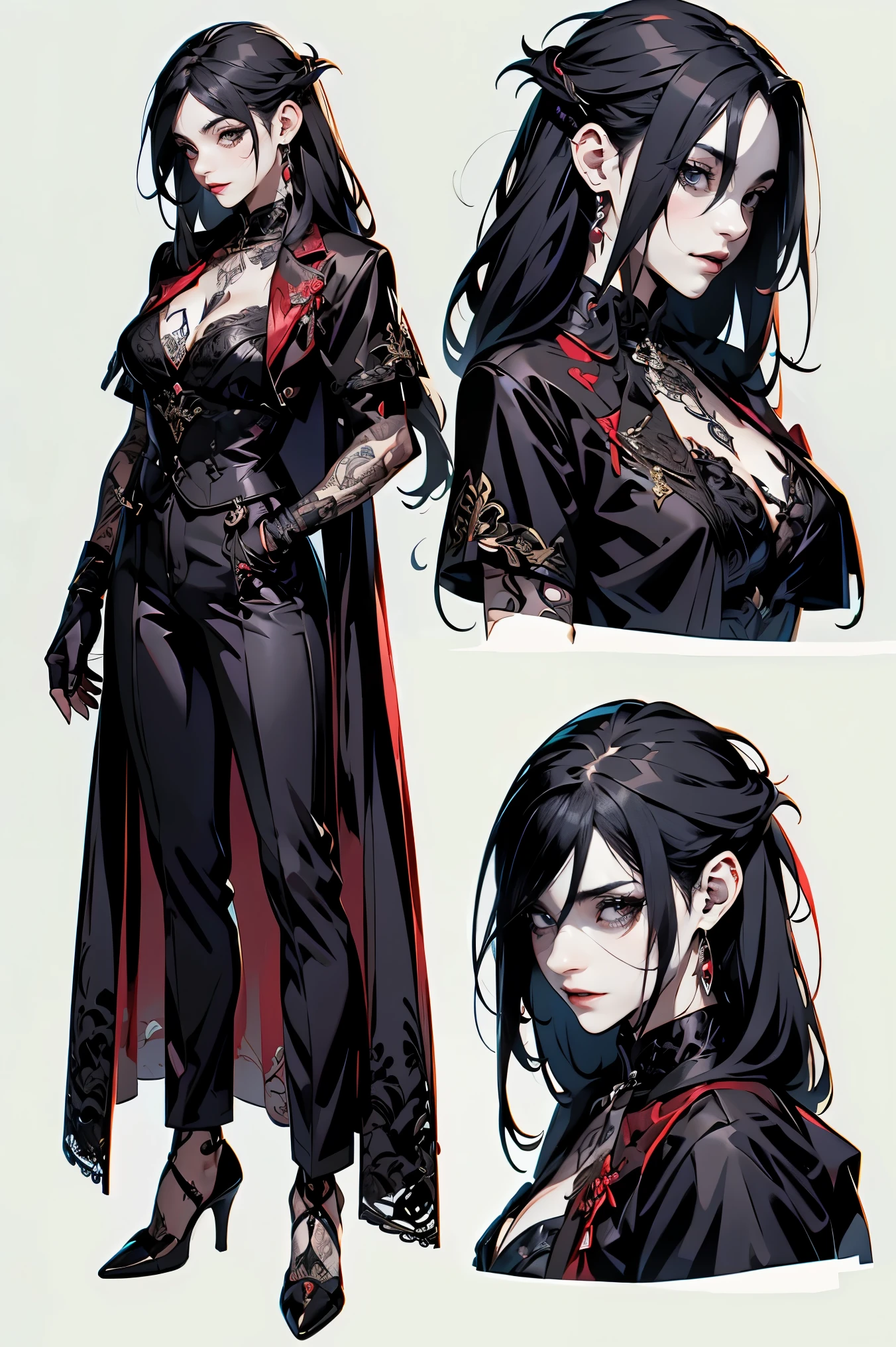 Reference sheet 3 elements, full body, front and side view, vampire man, goth sexy style, long hair, tattoos